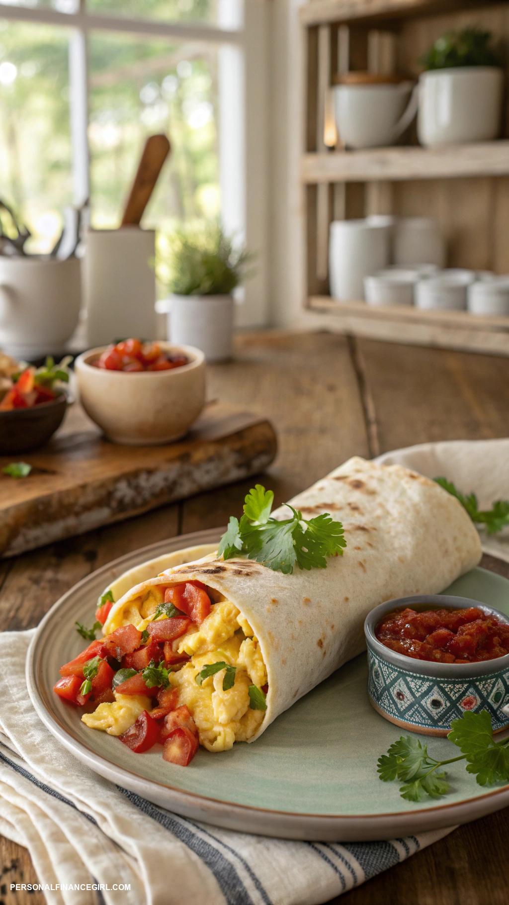 frugal breakfast ideas Breakfast burrito with eggs and salsa