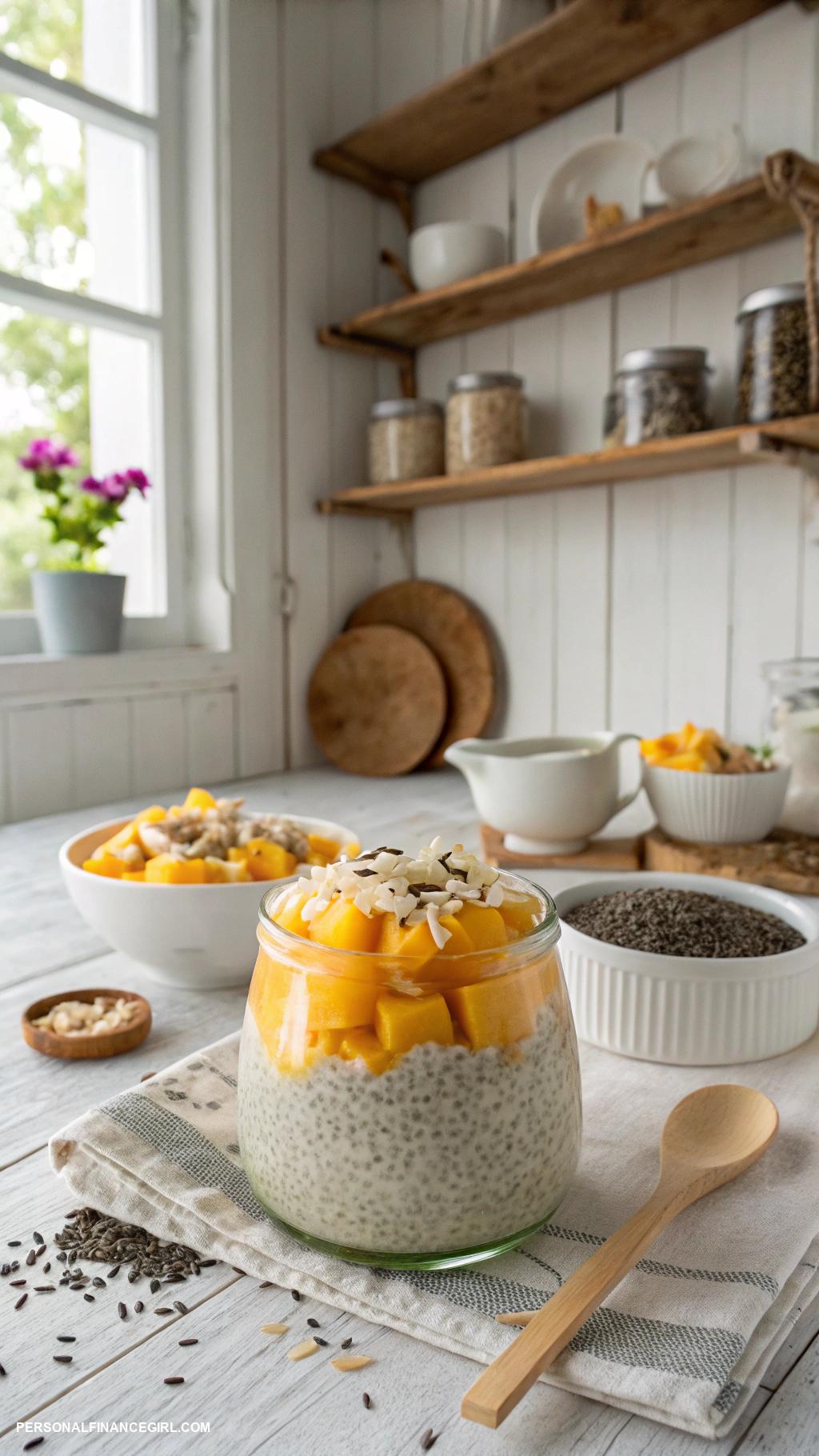 frugal breakfast ideas Chia seed pudding with coconut and mango