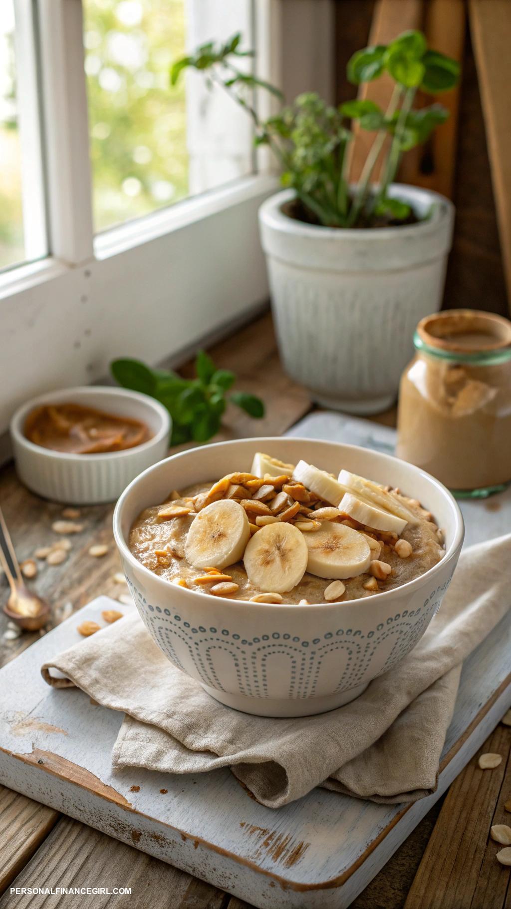 frugal breakfast ideas Oatmeal topped with banana and peanut butter