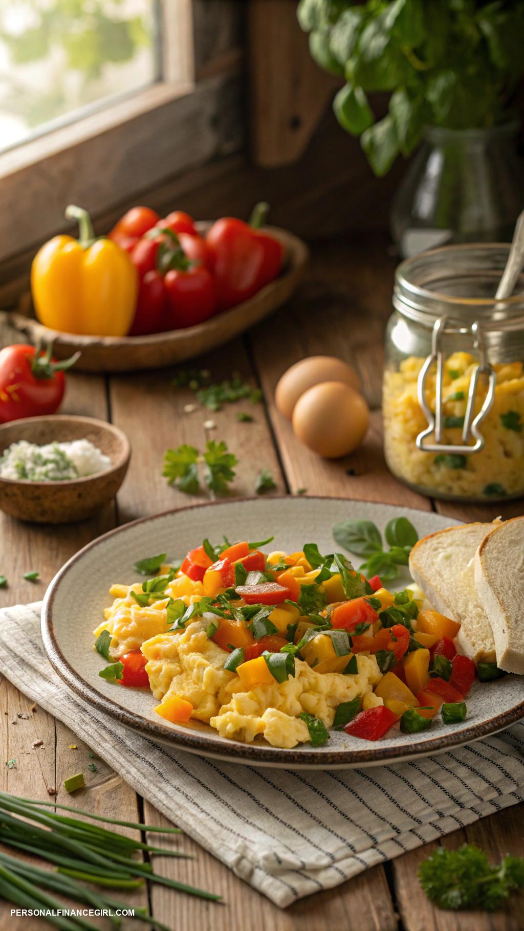 frugal breakfast ideas Scrambled eggs with diced vegetables and herbs