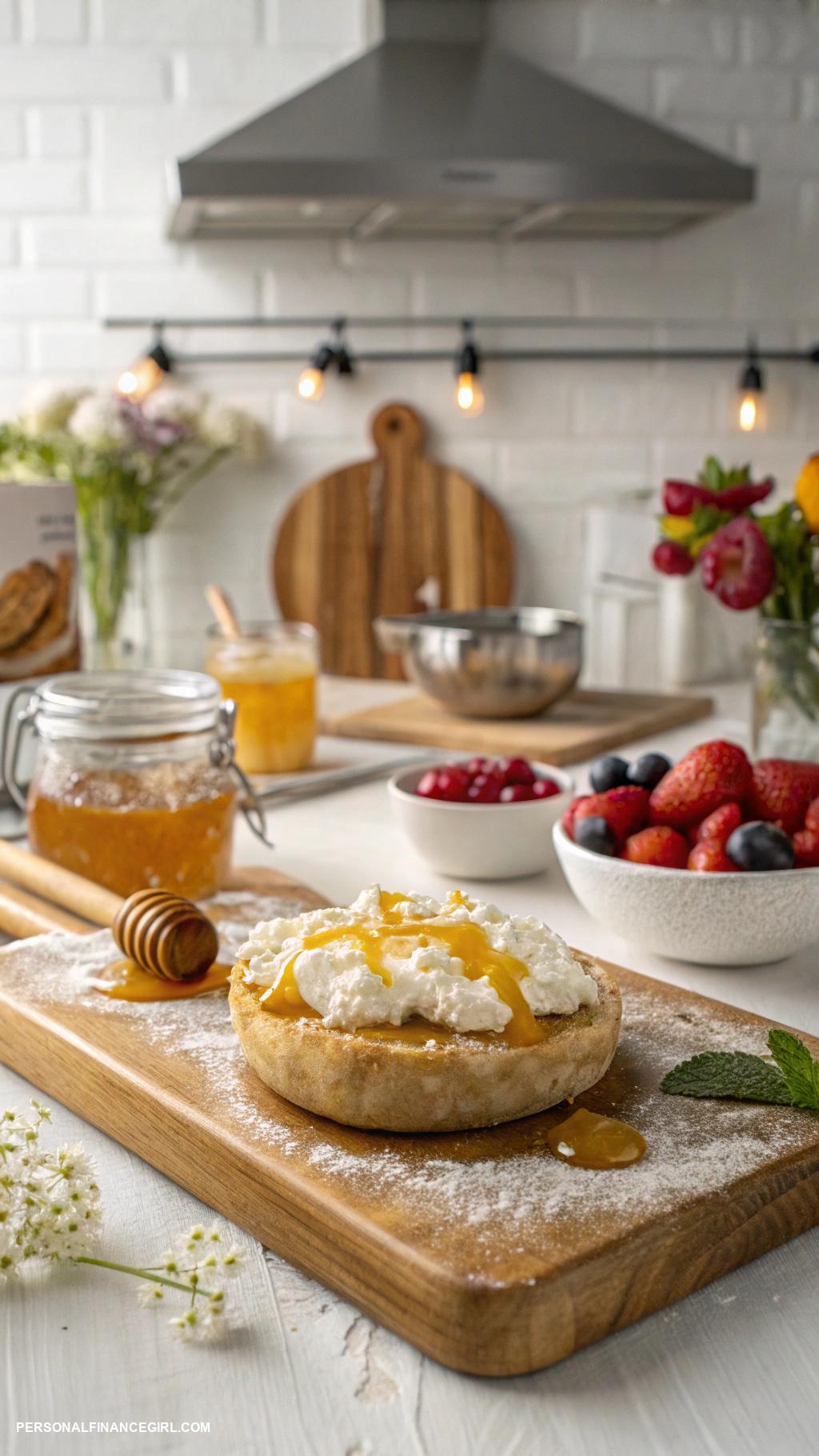 frugal breakfast ideas Toasted English muffin with ricotta and honey
