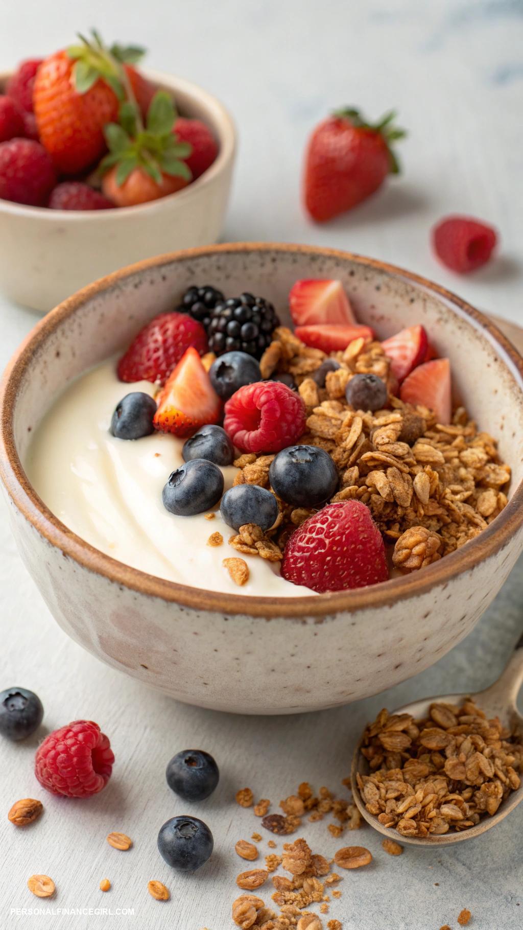 frugal breakfast ideas Yogurt with homemade granola and berries