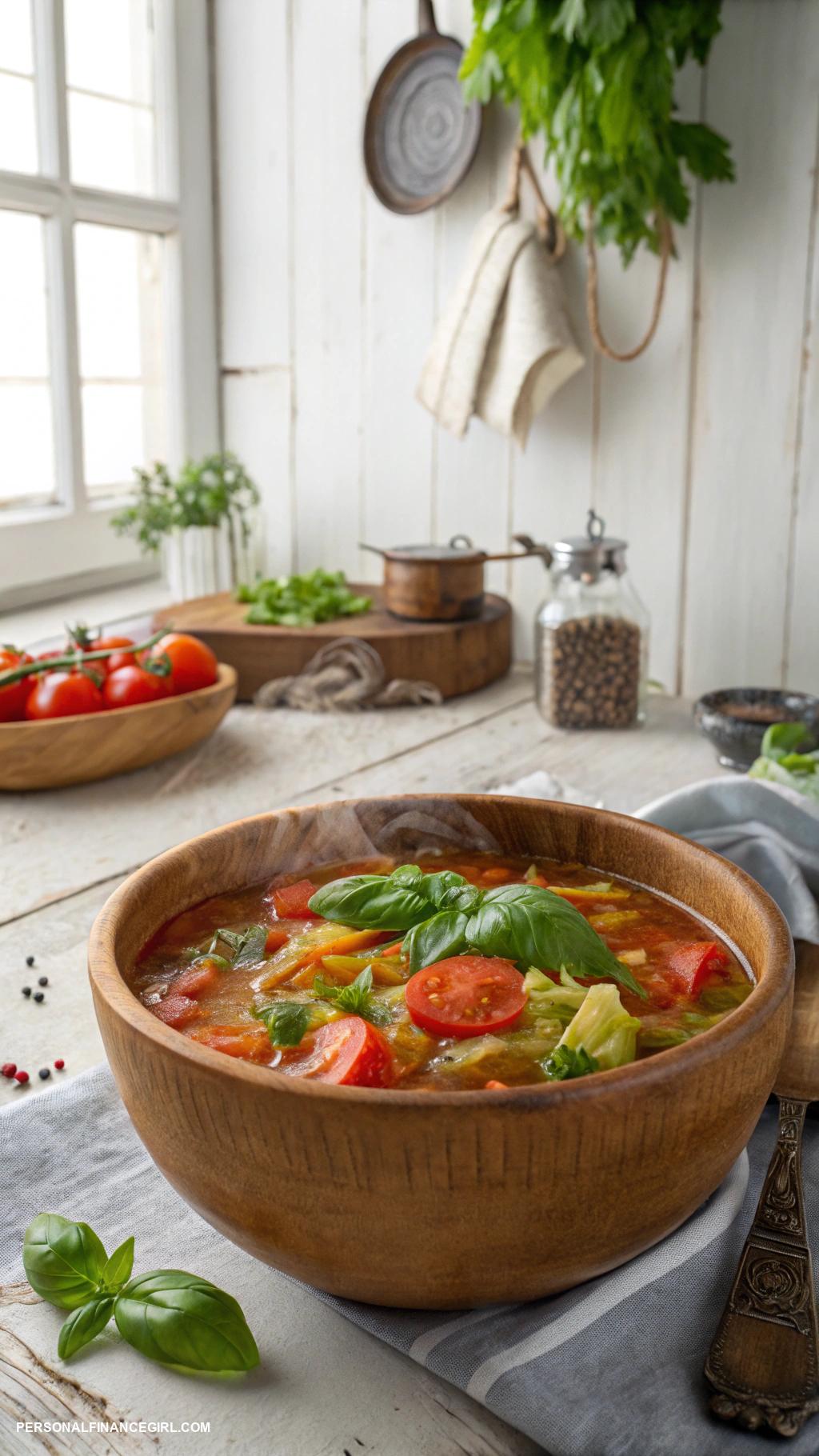 frugal soup recipes Cabbage soup with tomatoes and herbs