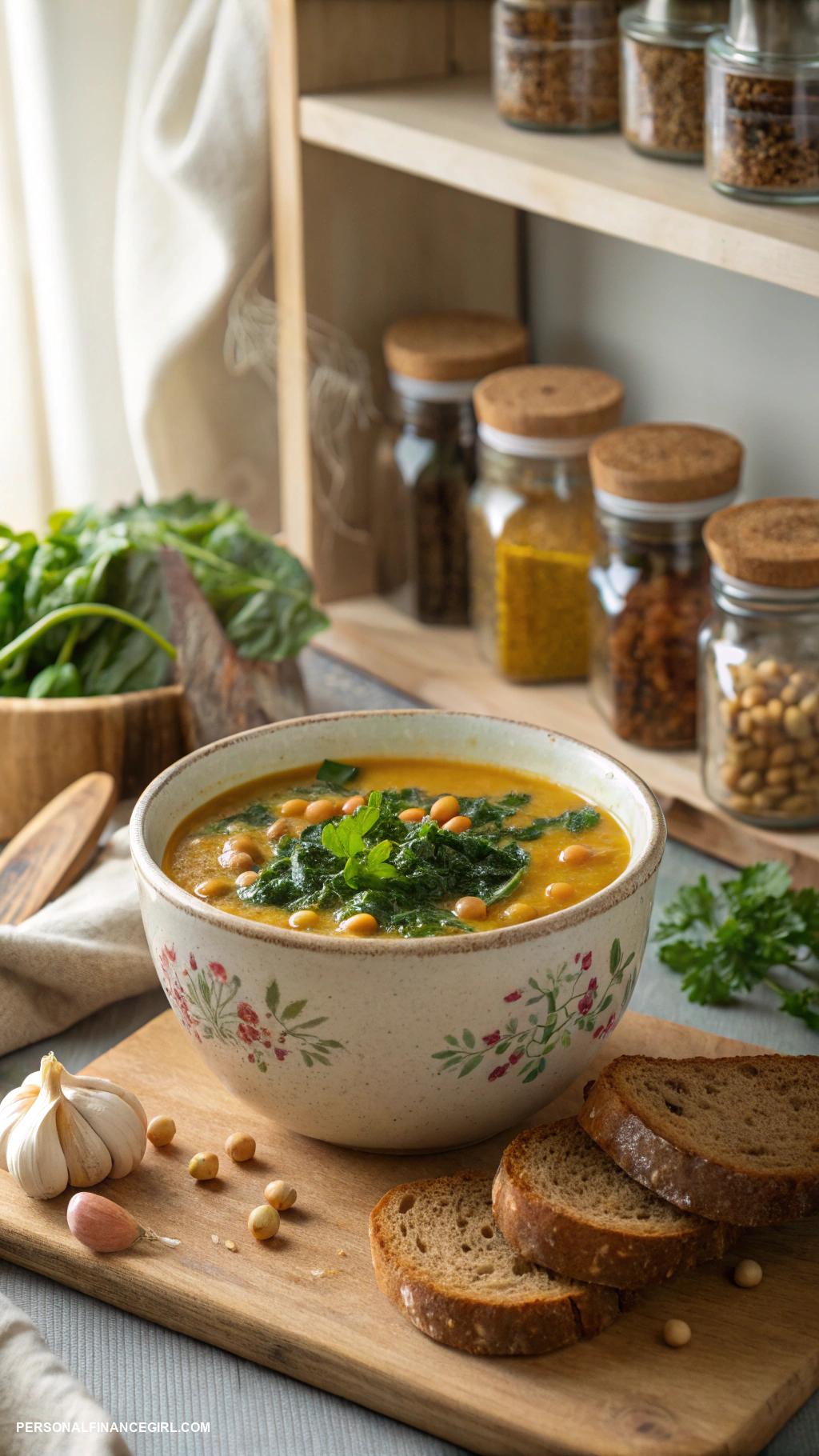 frugal soup recipes Chickpea soup with spinach and garlic