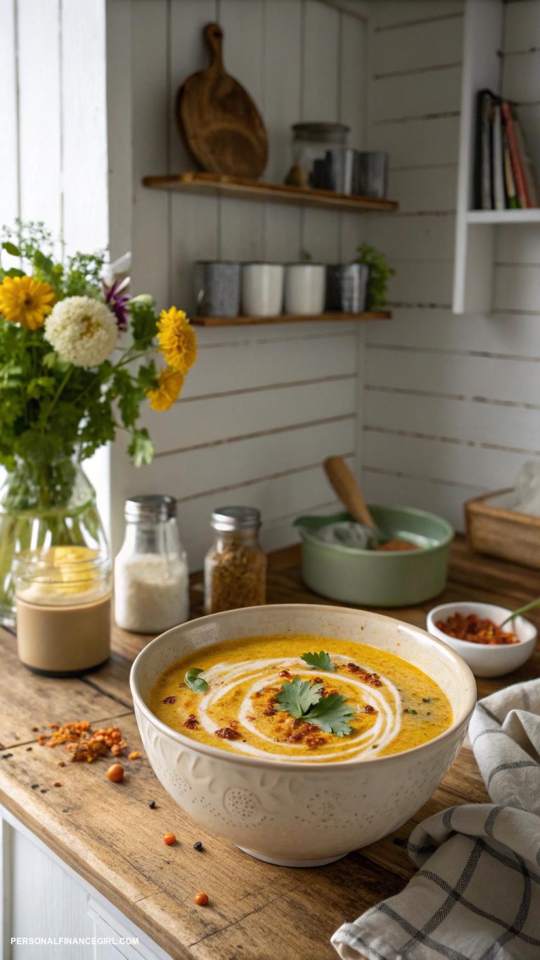 frugal soup recipes Curried cauliflower soup with yogurt topping