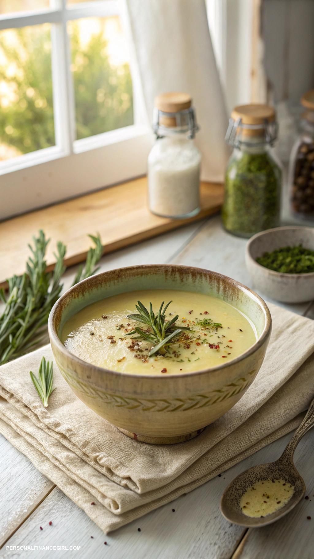 frugal soup recipes Potato leek soup with rosemary drizzle