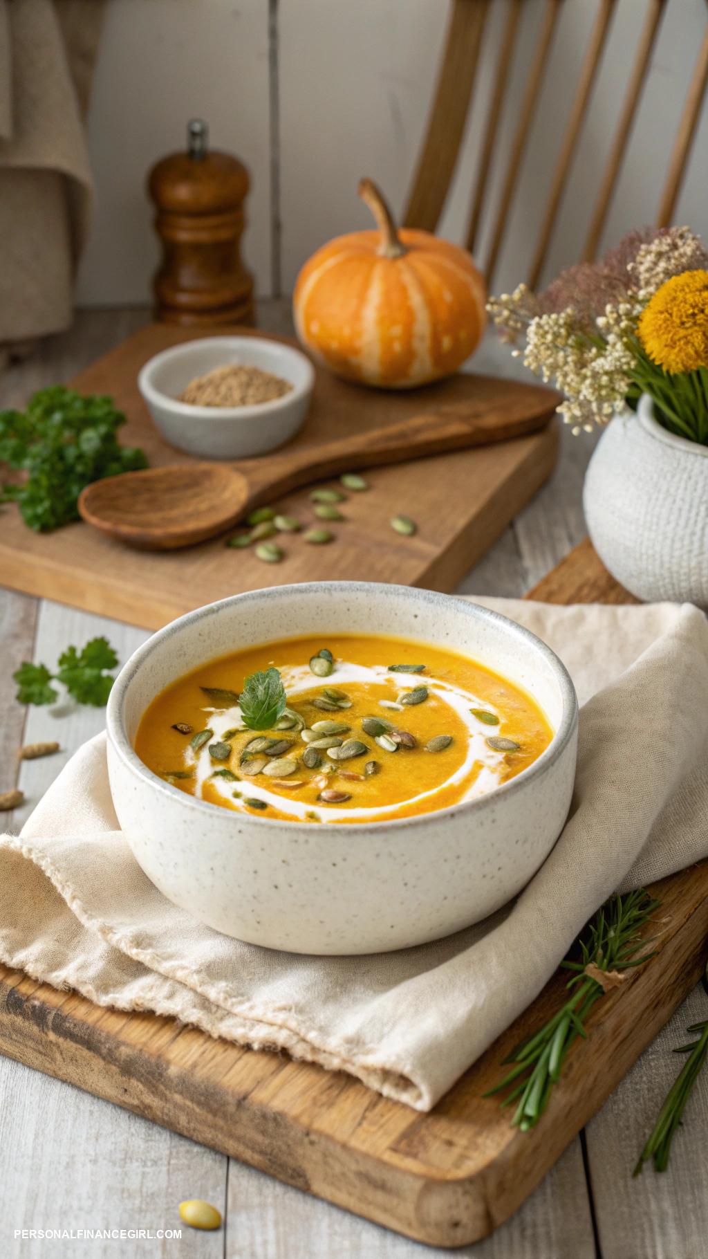 frugal soup recipes Pumpkin soup with coconut milk swirl