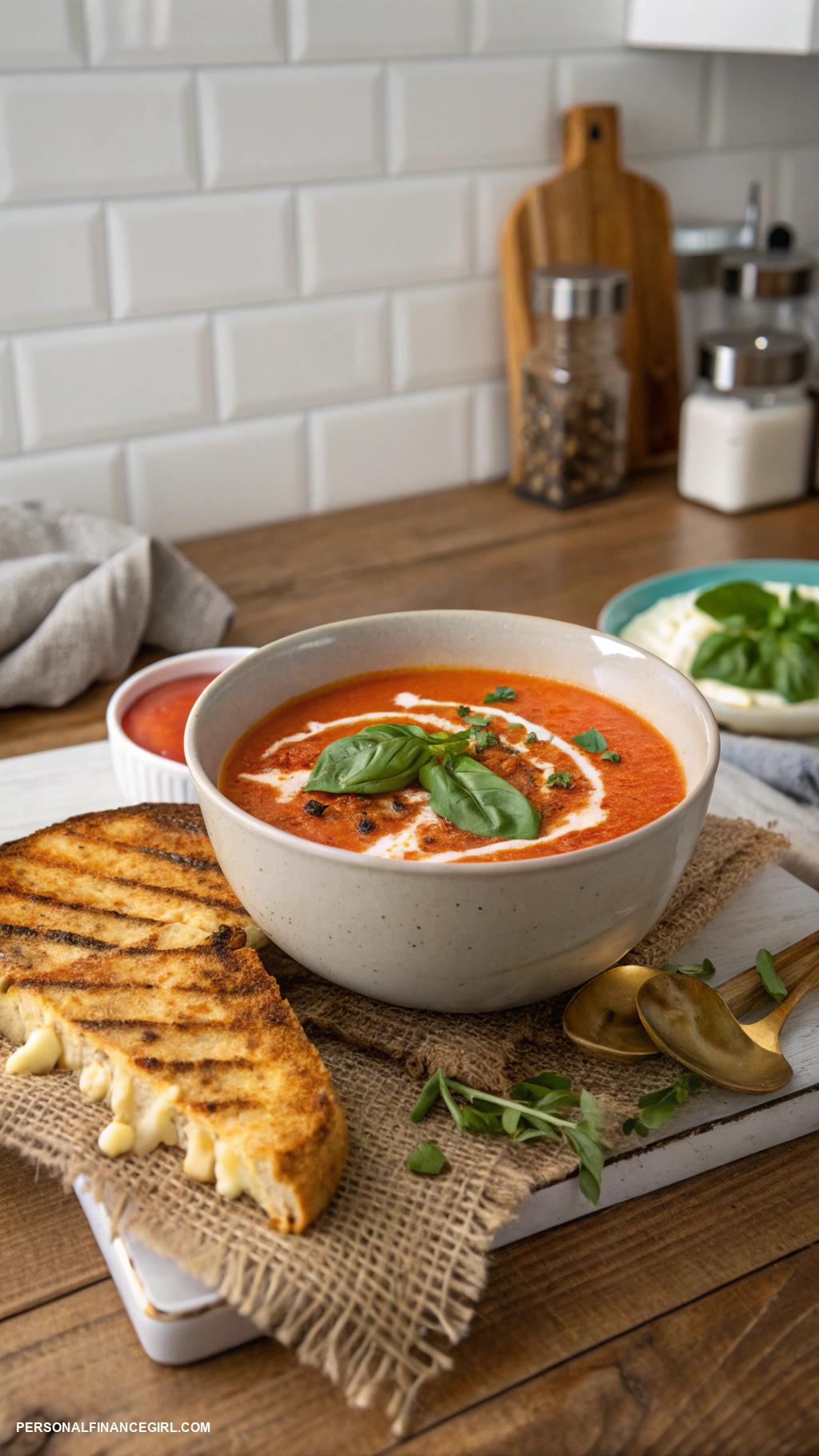 frugal soup recipes Tomato basil soup with grilled cheese