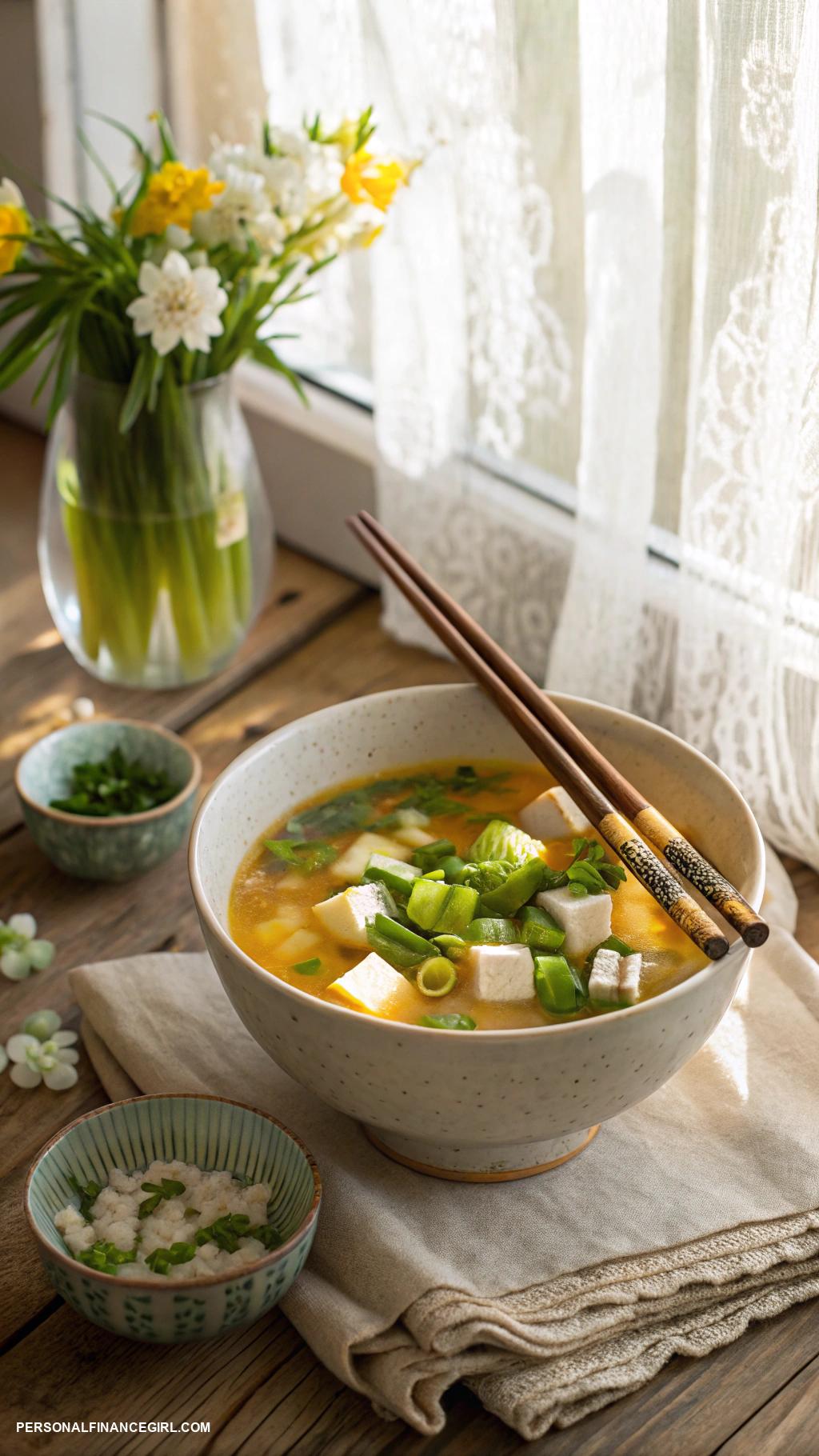 frugal soup recipes Vegetable miso soup with tofu cubes