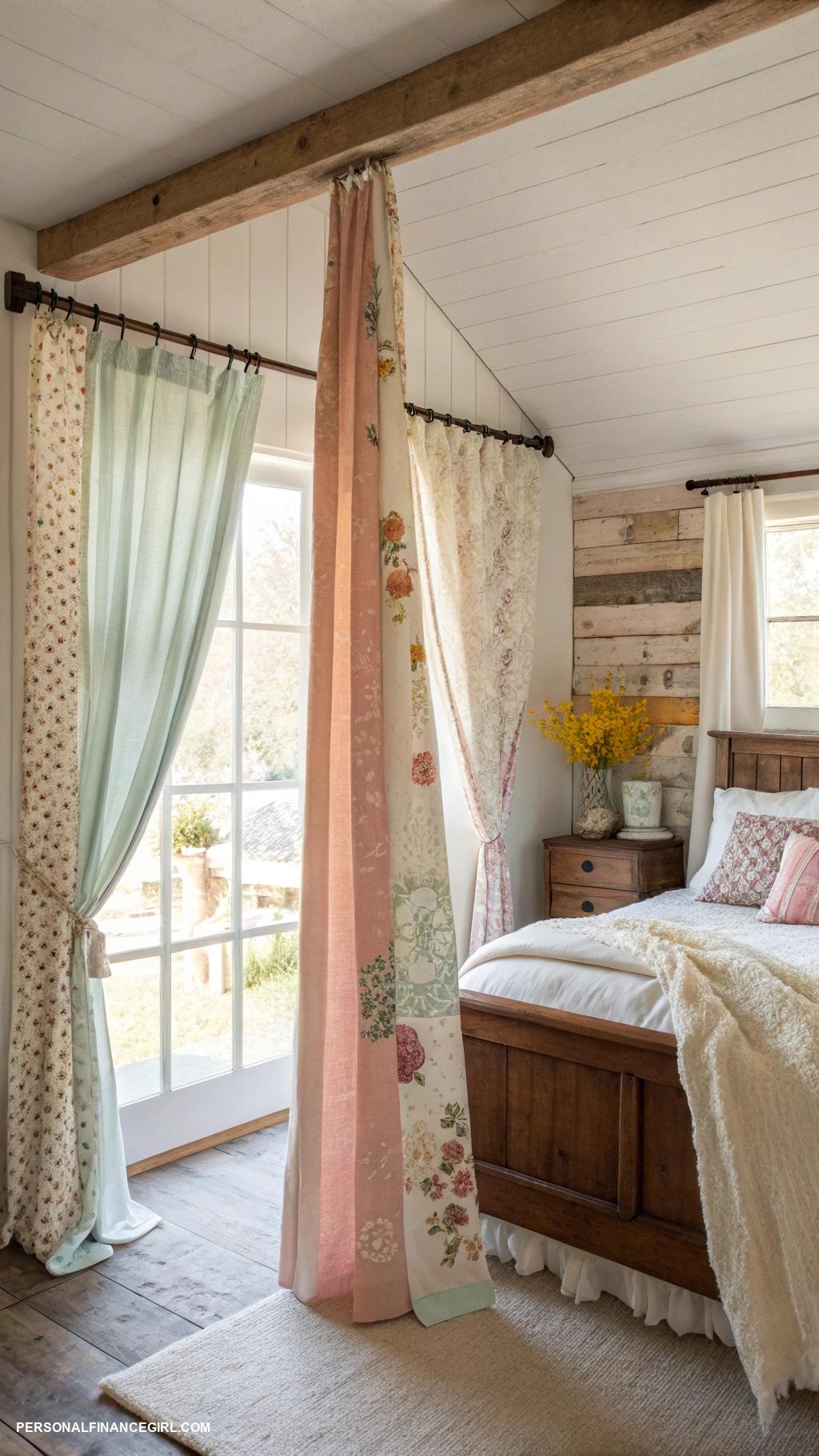 frugal bedroom ideas Use fabric remnants for custom curtains