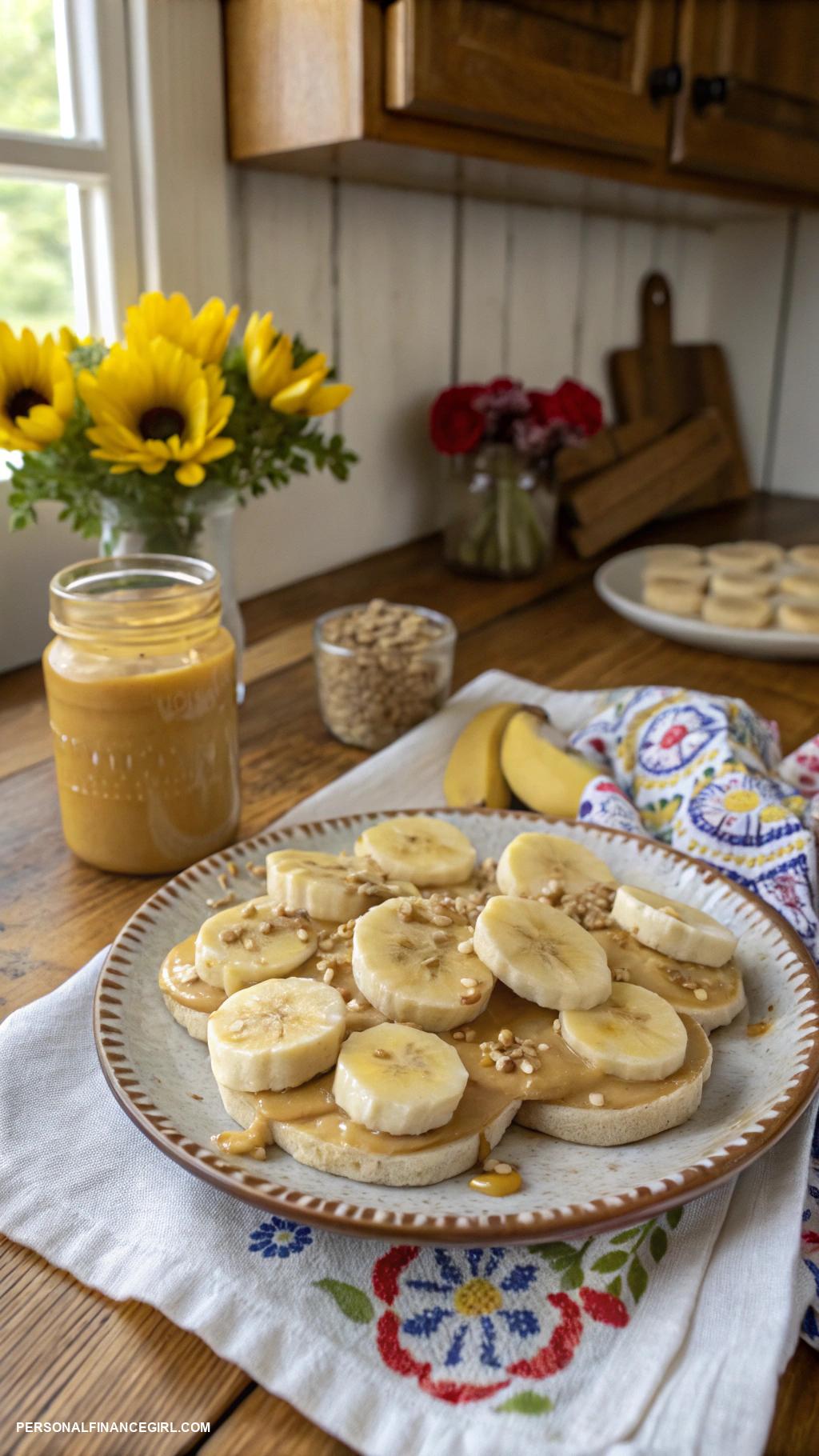 frugal snacks Banana slices with peanut butter drizzle