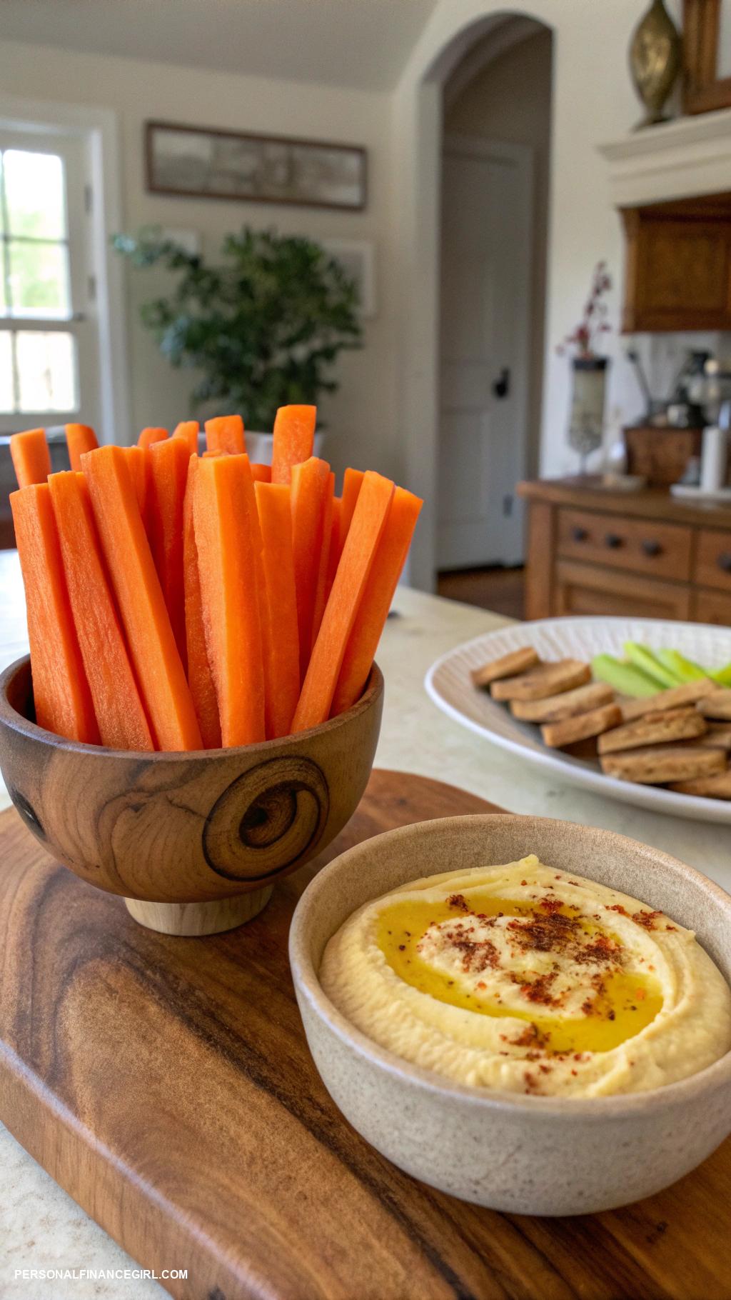 frugal snacks Carrot sticks with hummus dip