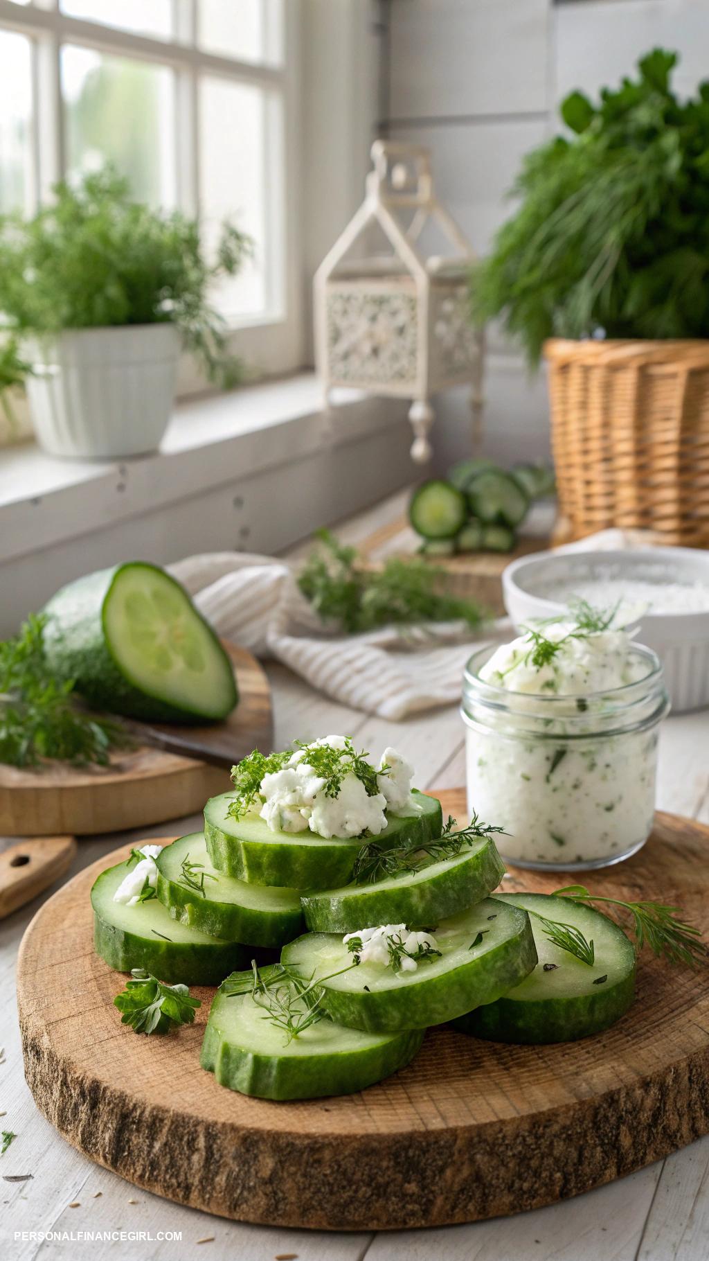 frugal snacks Cucumber slices with cream cheese spread