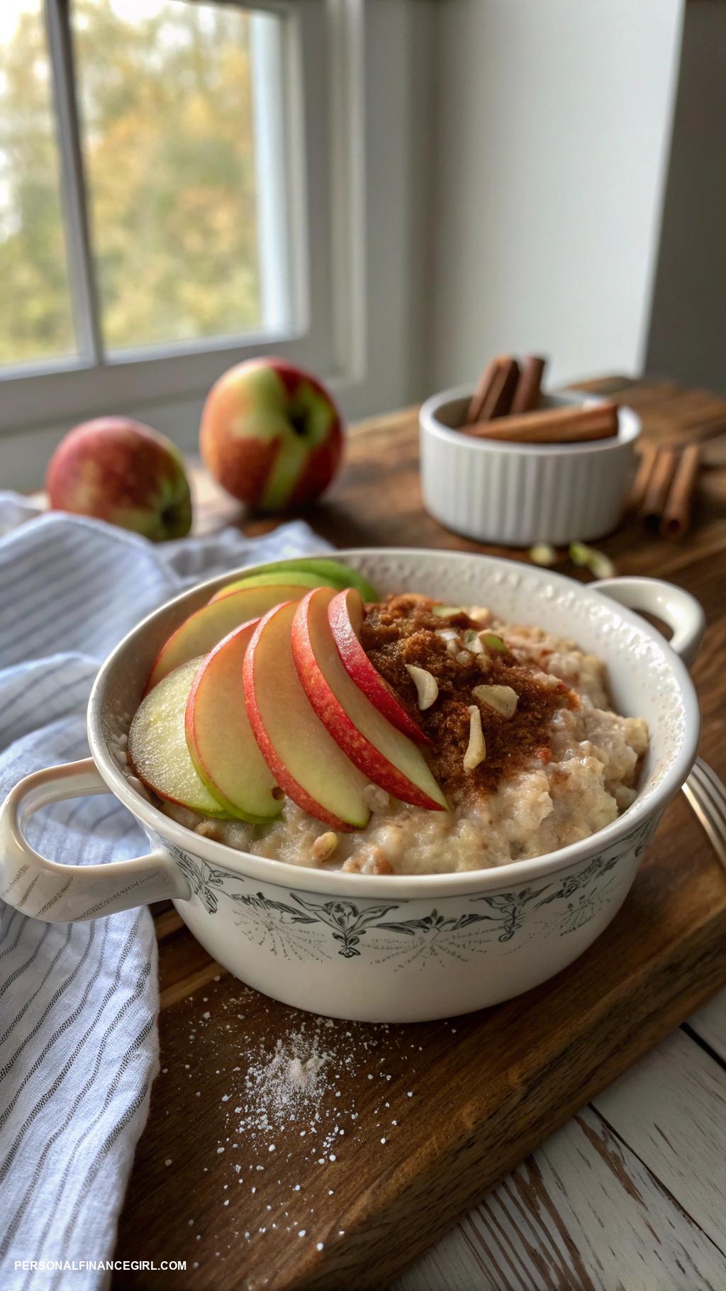 frugal snacks Oatmeal topped with cinnamon and apples
