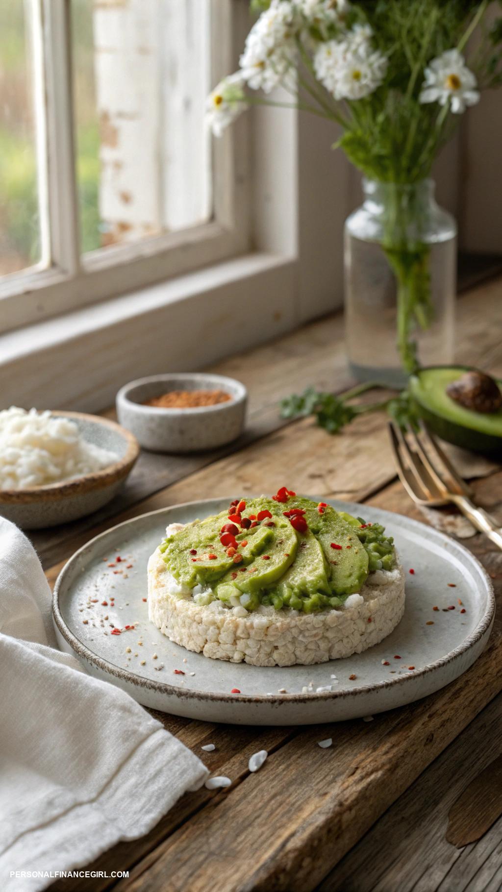 frugal snacks Rice cakes with avocado and salt