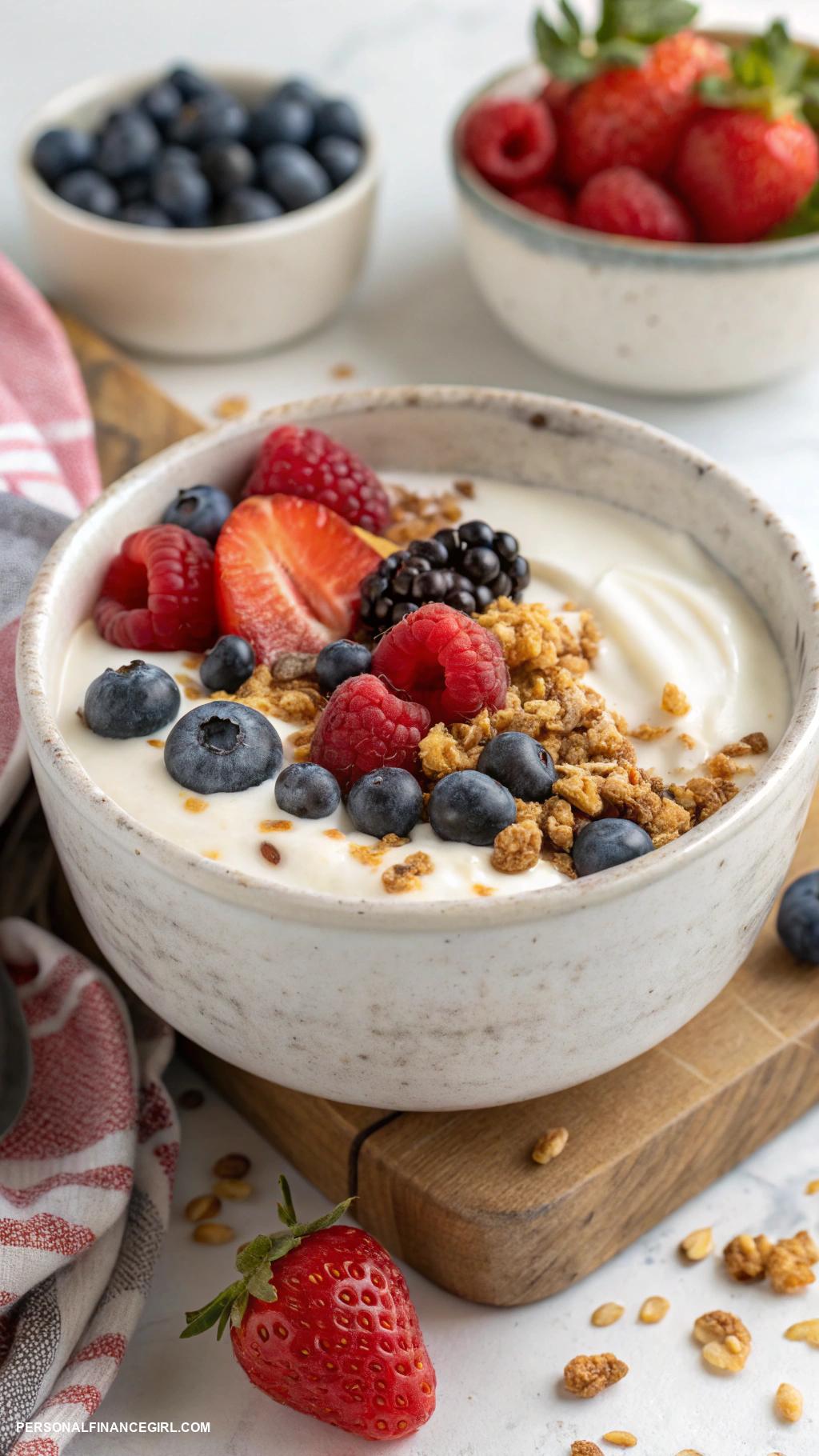 frugal snacks Yogurt with frozen berries and granola