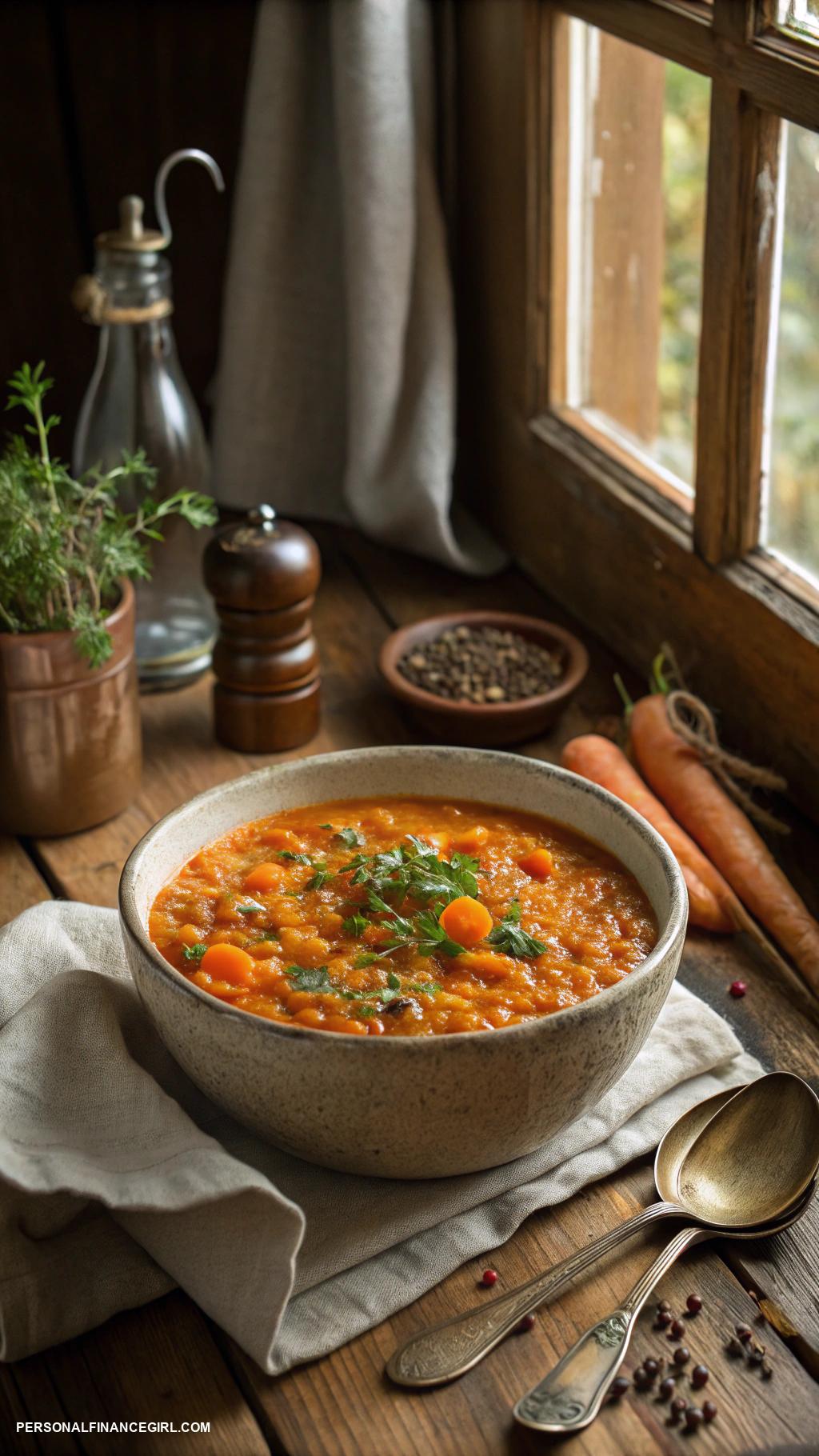 cheap healthy meals Lentil soup with carrots and spices