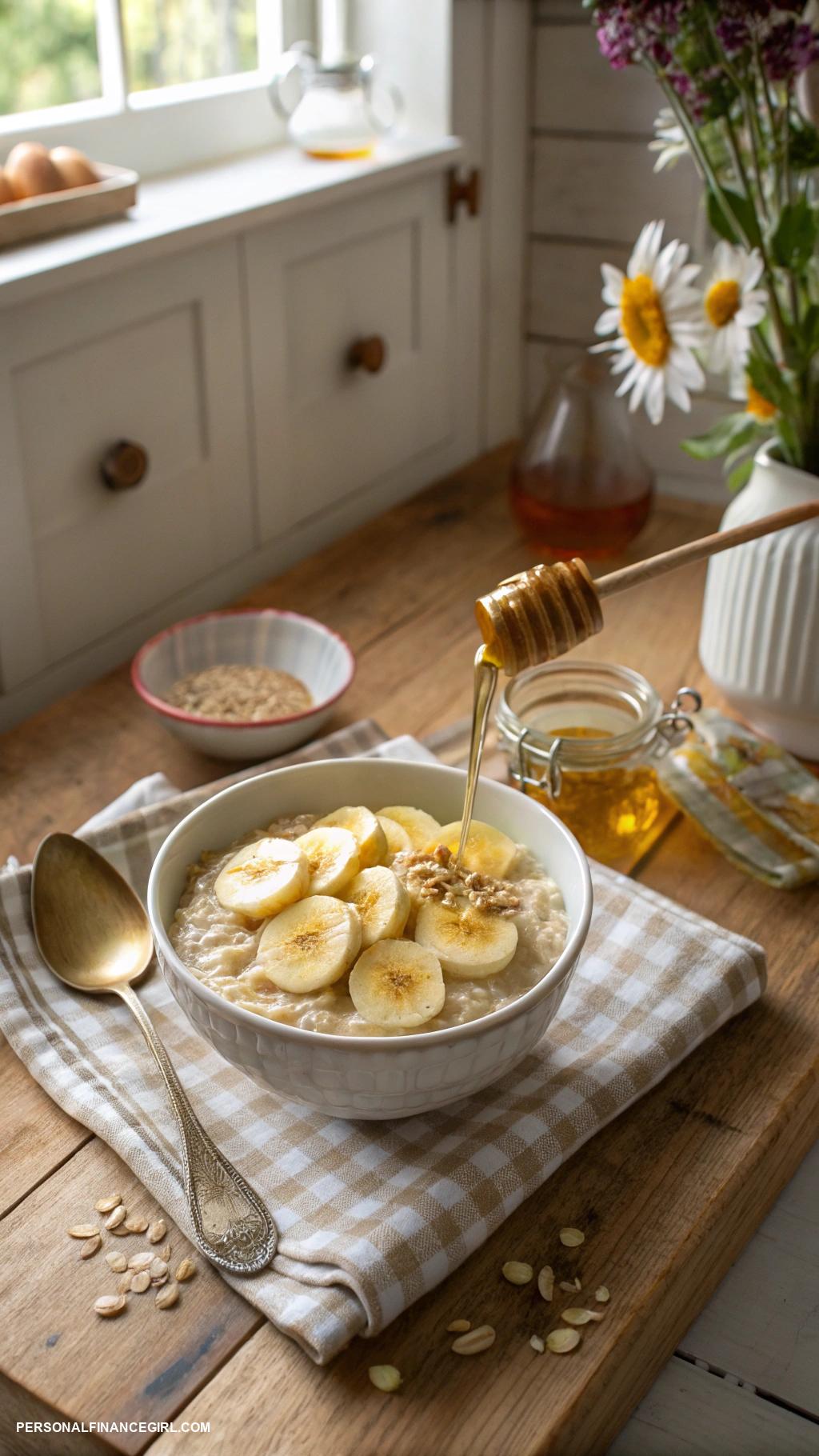 cheap healthy meals Oatmeal topped with banana and honey