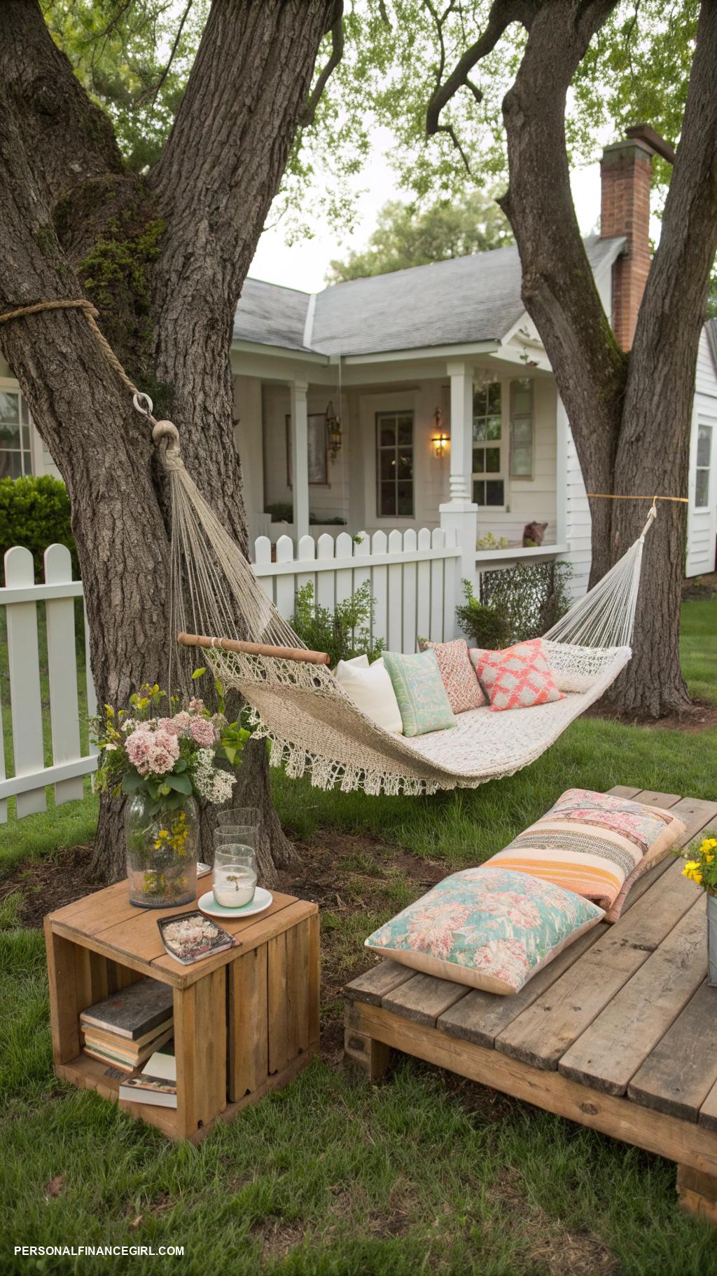 cheap backyard ideas Set up a hammock for lounging