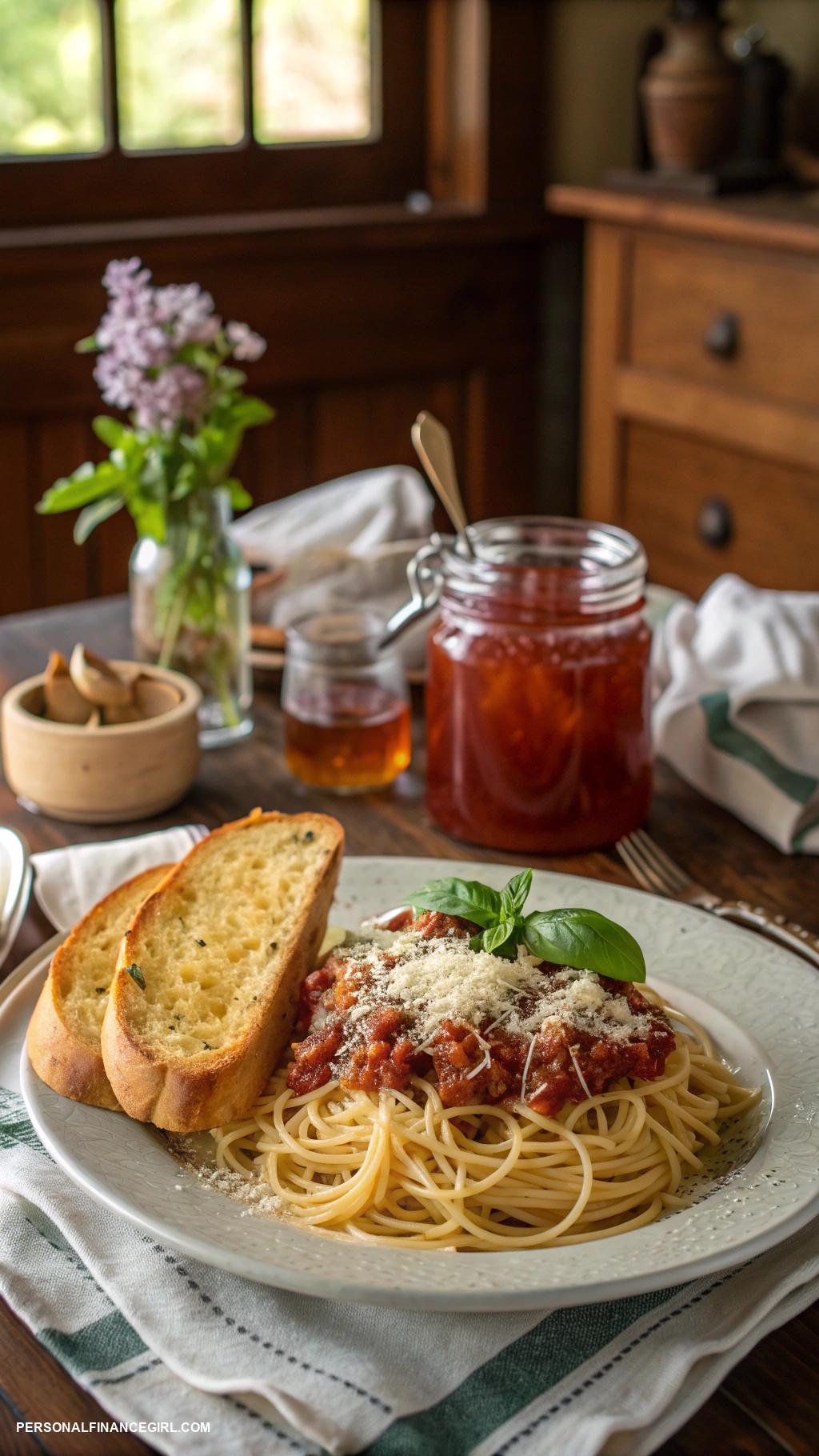 cheap dinners for a family Spaghetti with marinara sauce and garlic bread