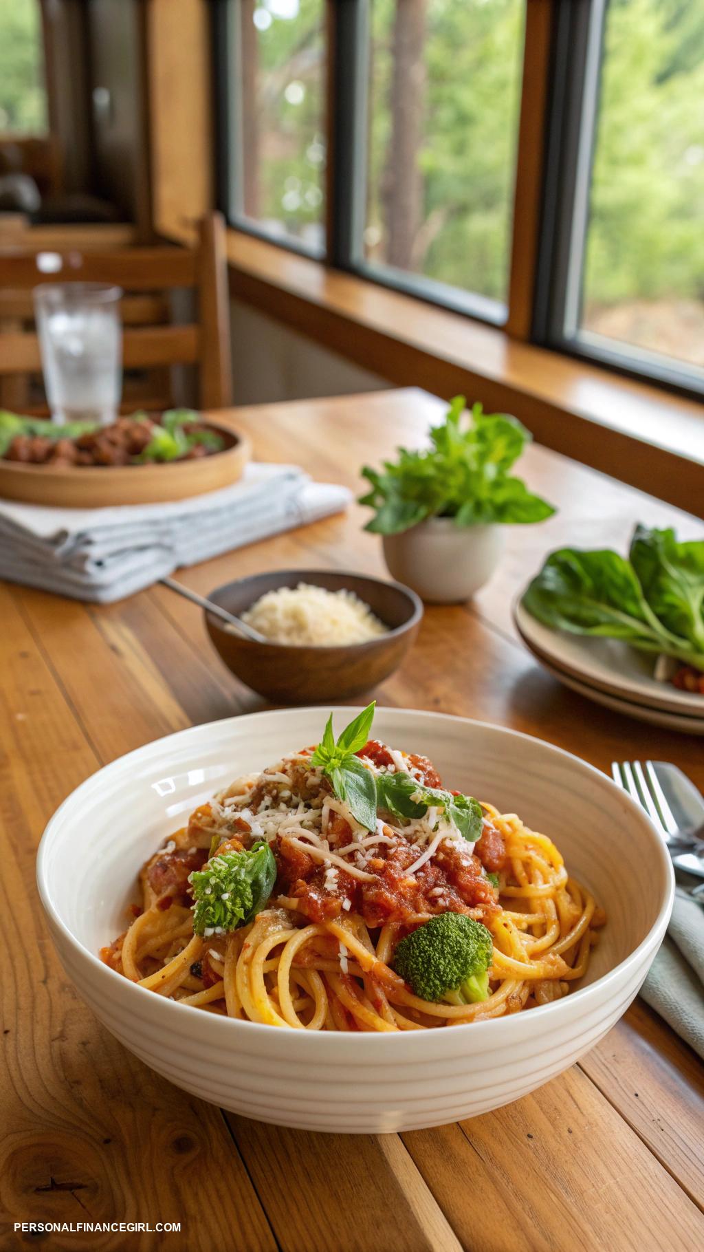 cheap easy dinners Pasta with marinara sauce and broccoli