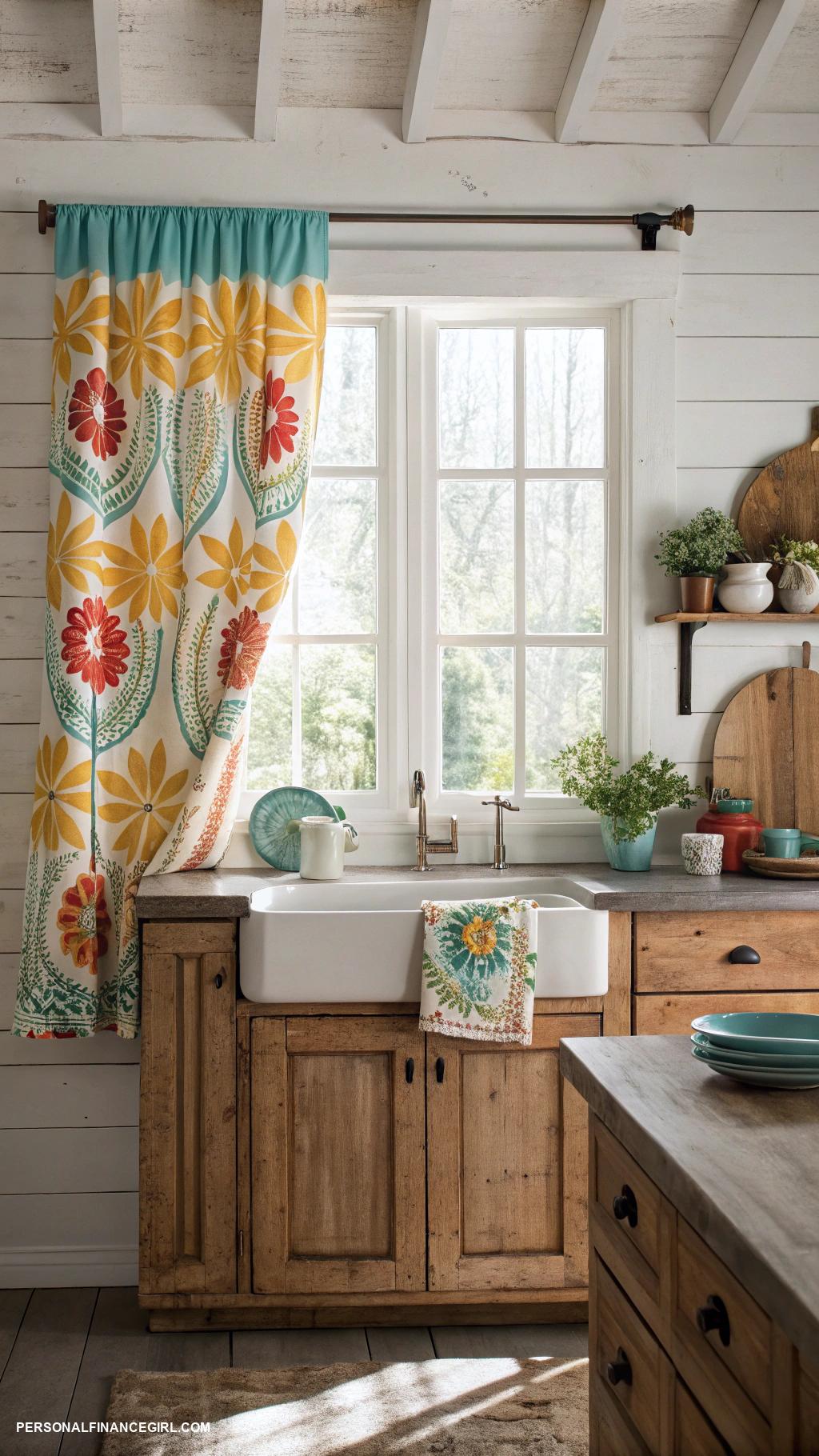 cheap kitchen remodel ideas Hang a colorful curtain for ambiance