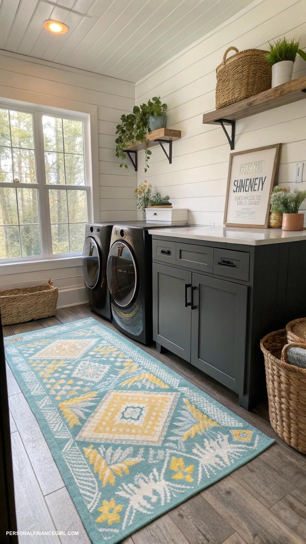 cheap laundry room makeover ideas Add a stylish rug for comfort