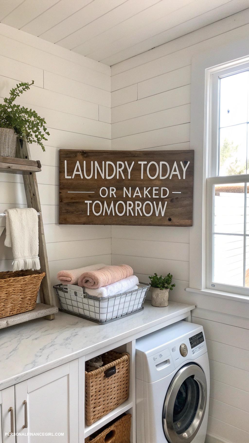 cheap laundry room makeover ideas Hang a cute laundry sign