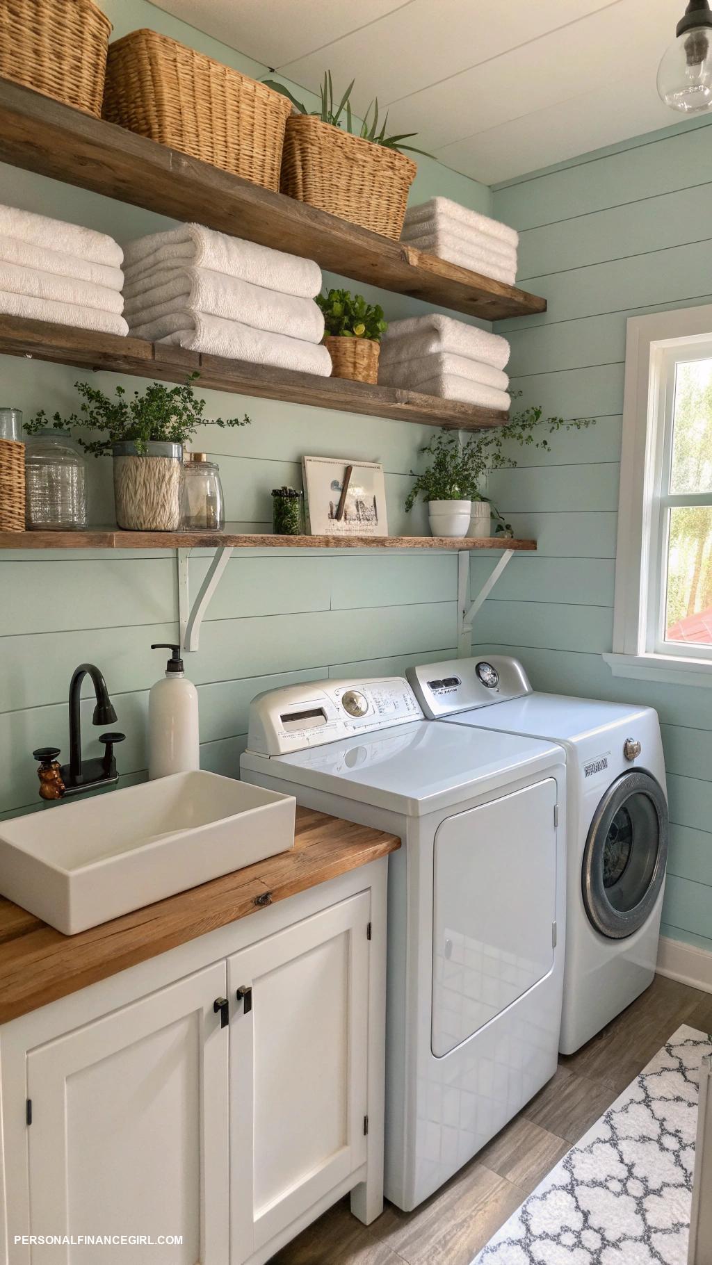 cheap laundry room makeover ideas Install floating shelves for extra space