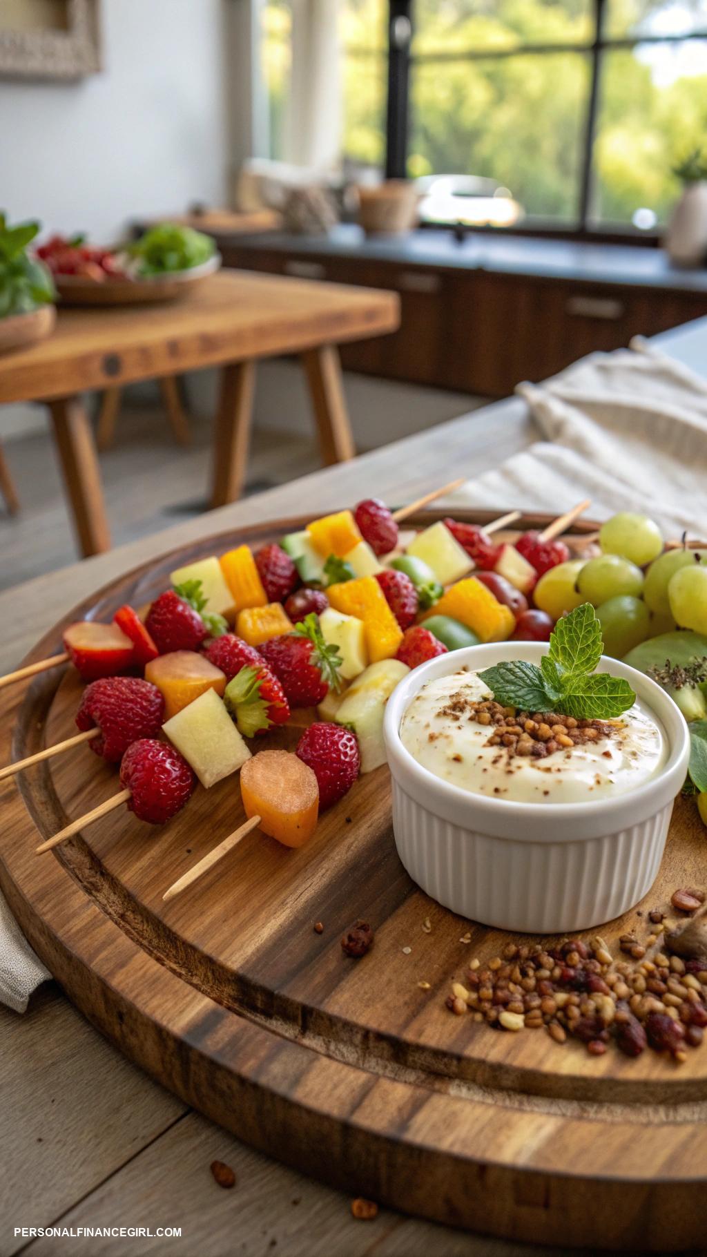 cheap party food for a crowd Fruit skewers with yogurt dip