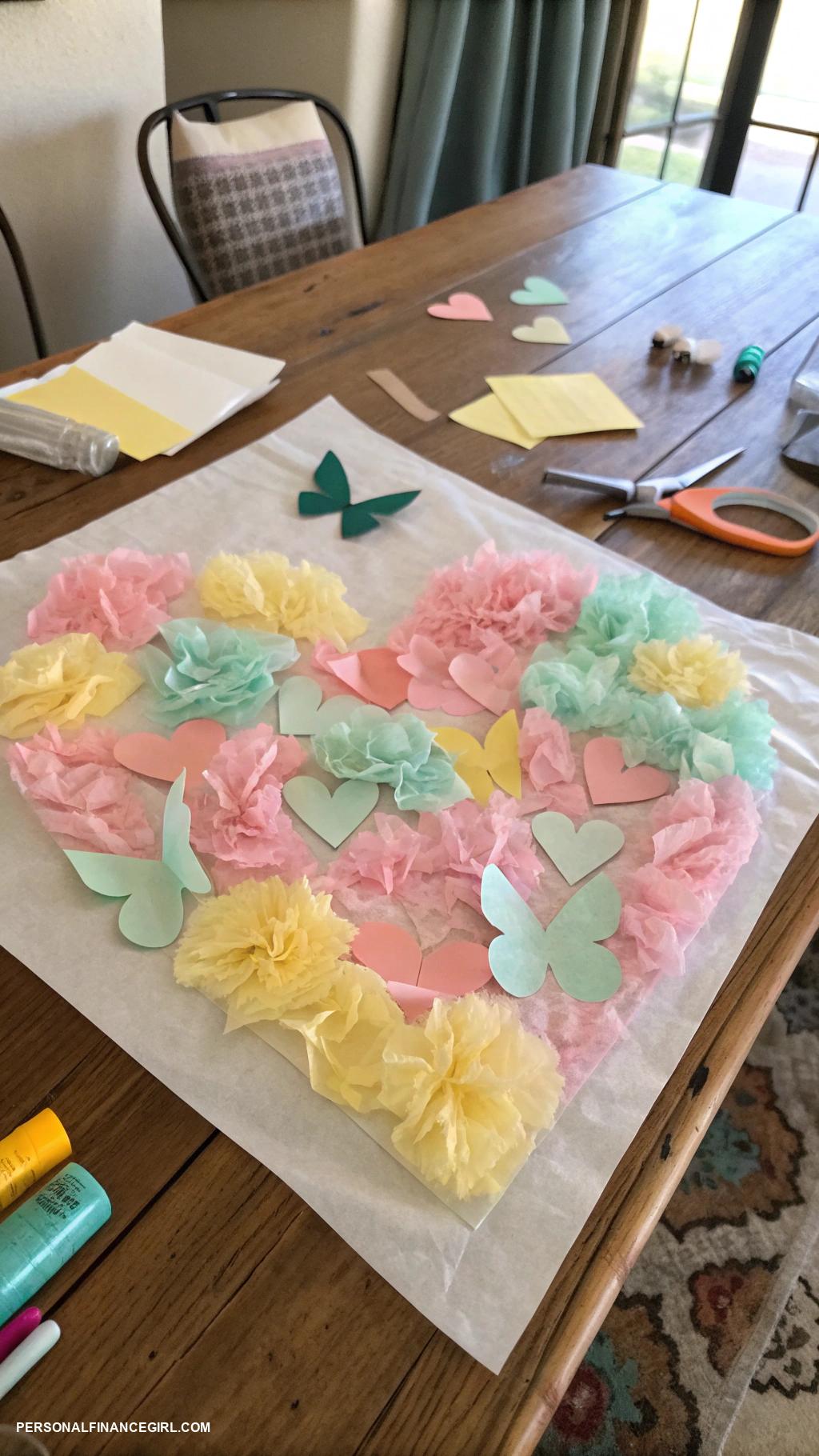 cheap suncatcher diy craft Tissue paper collage on clear contact paper