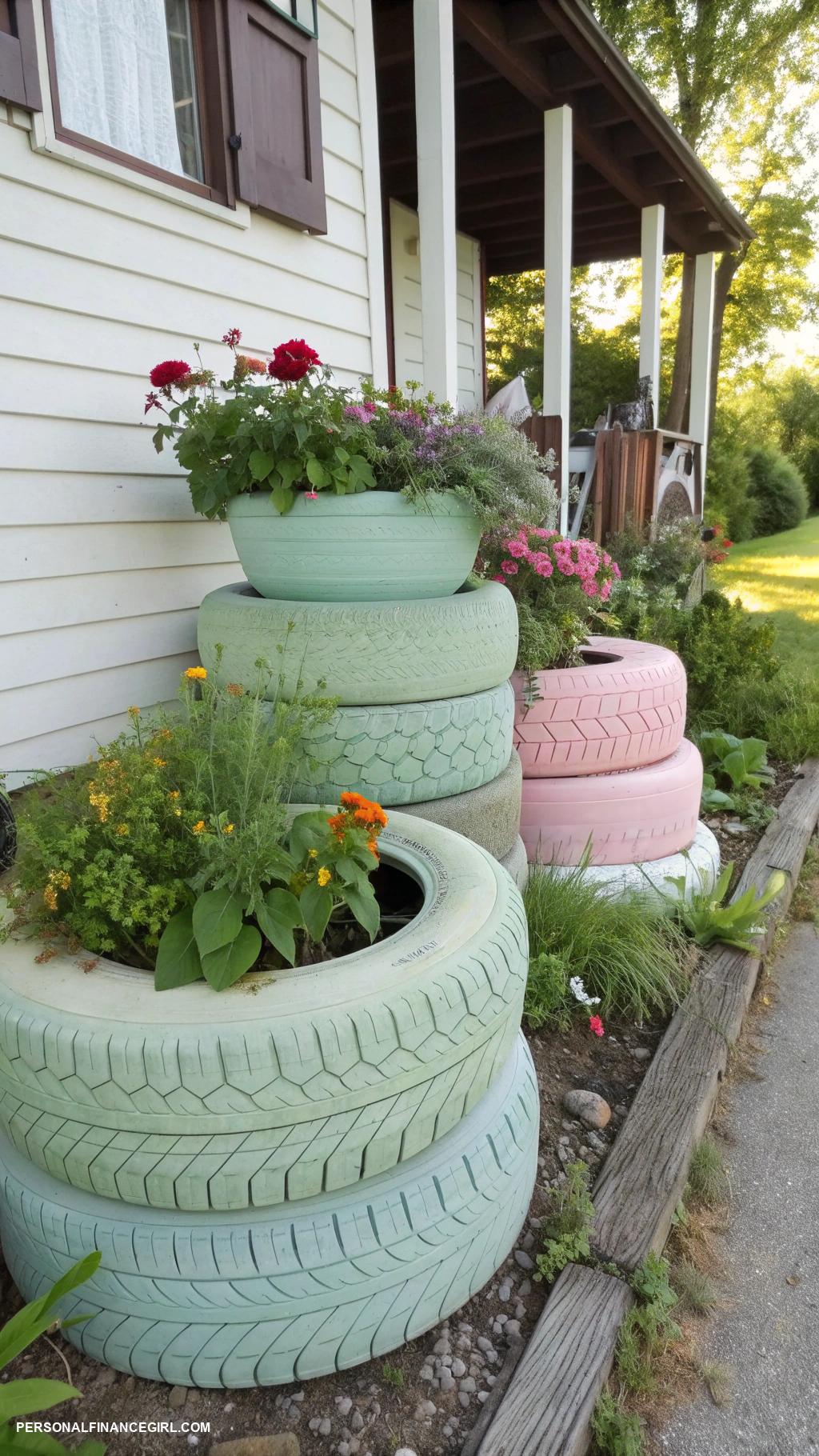 frugal garden crafts Use old tires for raised plant beds