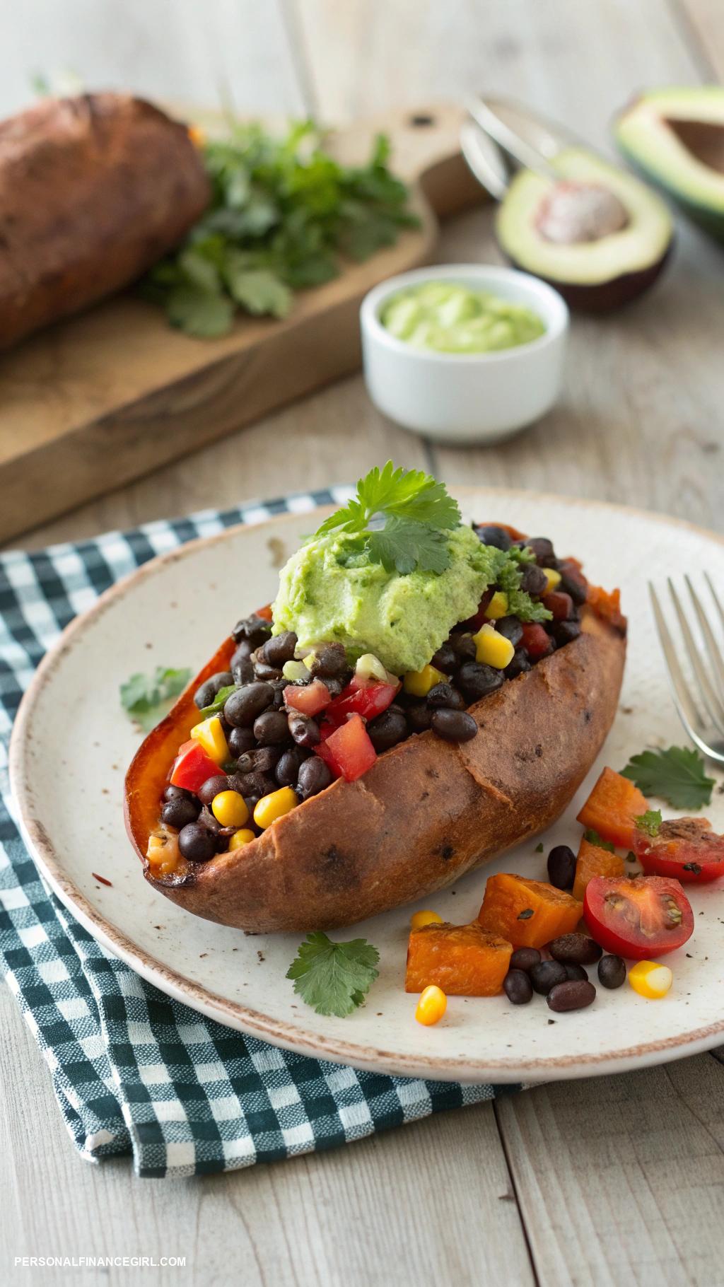 frugal meals Baked sweet potatoes with black beans