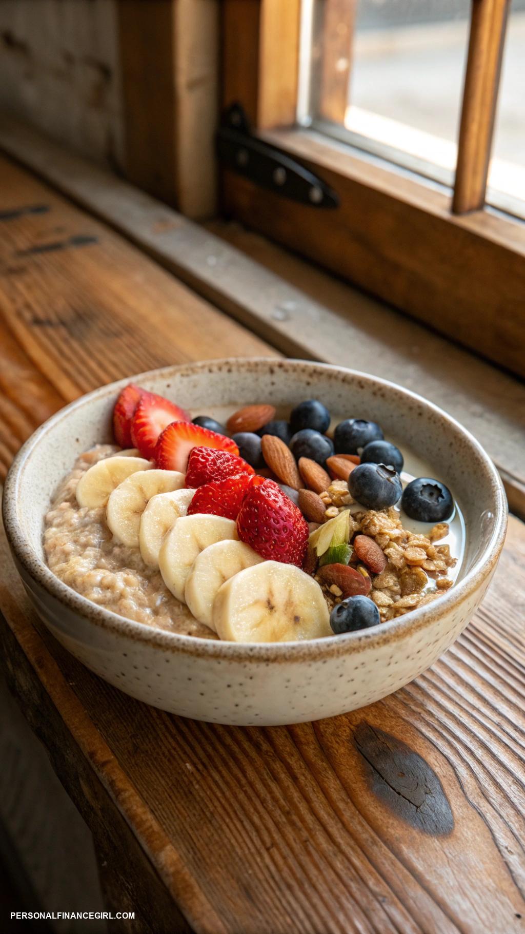 frugal meals Oatmeal topped with fruits and nuts