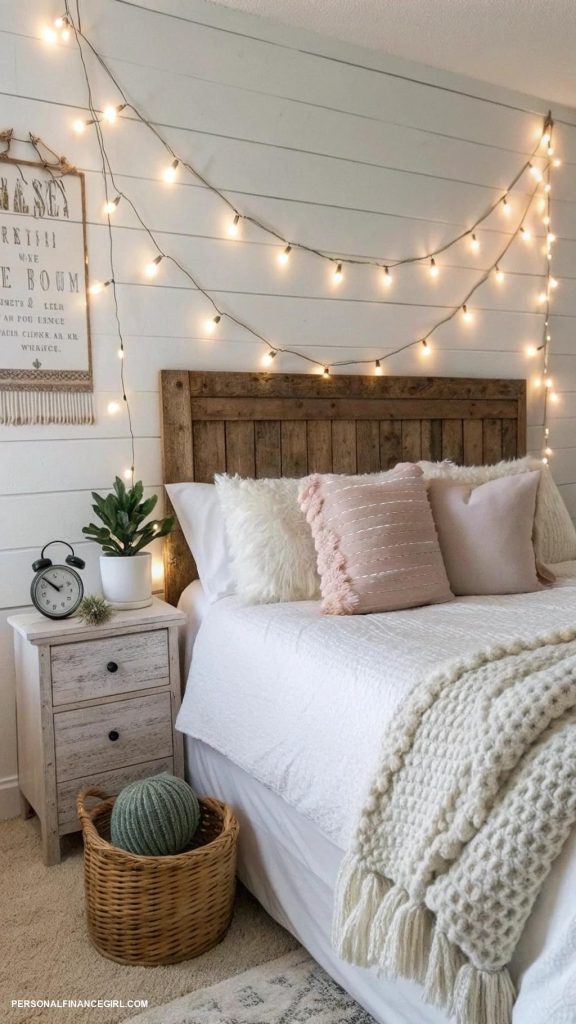 cheap bedroom decor ideas DIY string lights for cozy ambiance