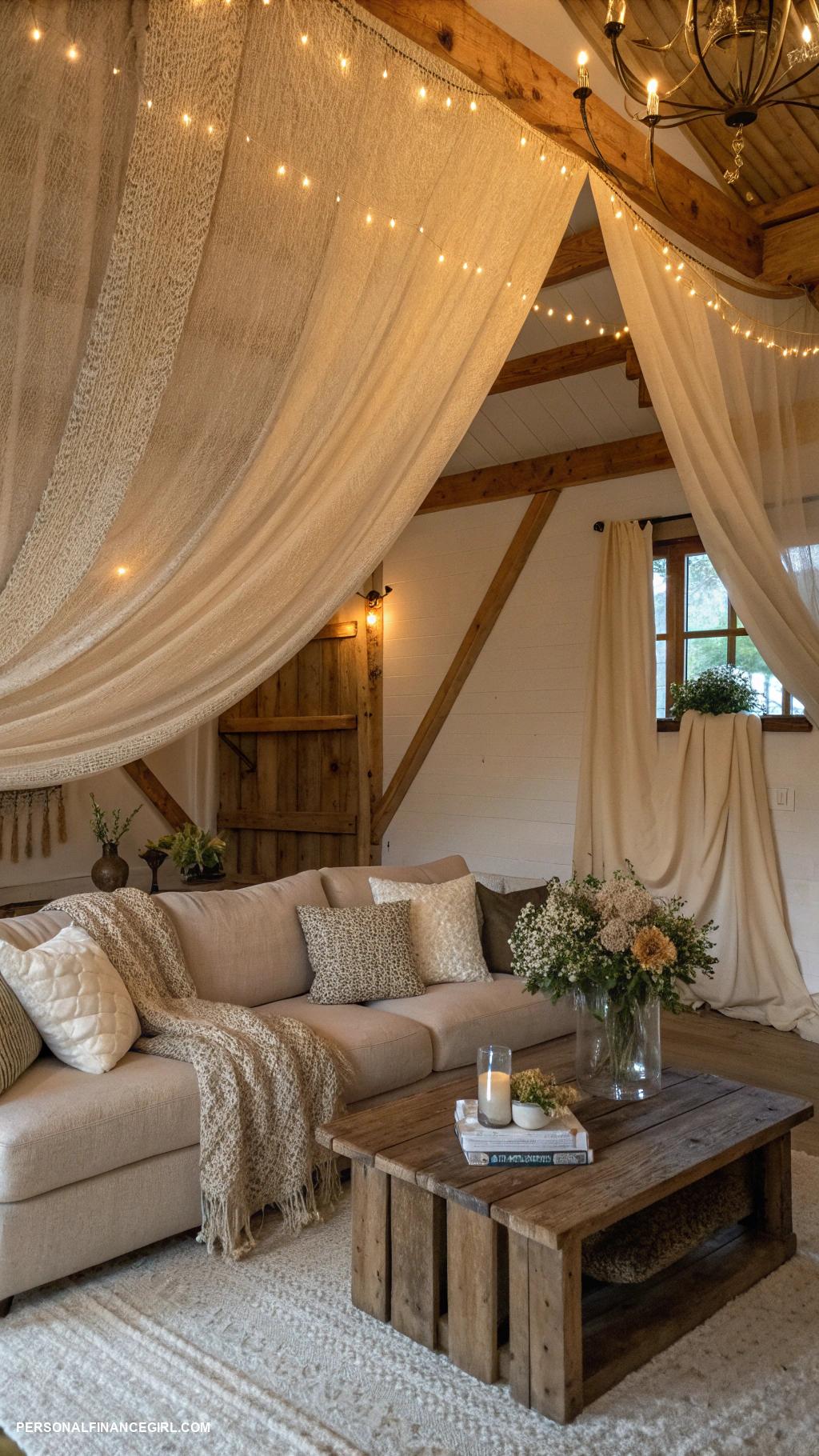 cheap ceiling ideas diy Hang fabric for soft texture and warmth