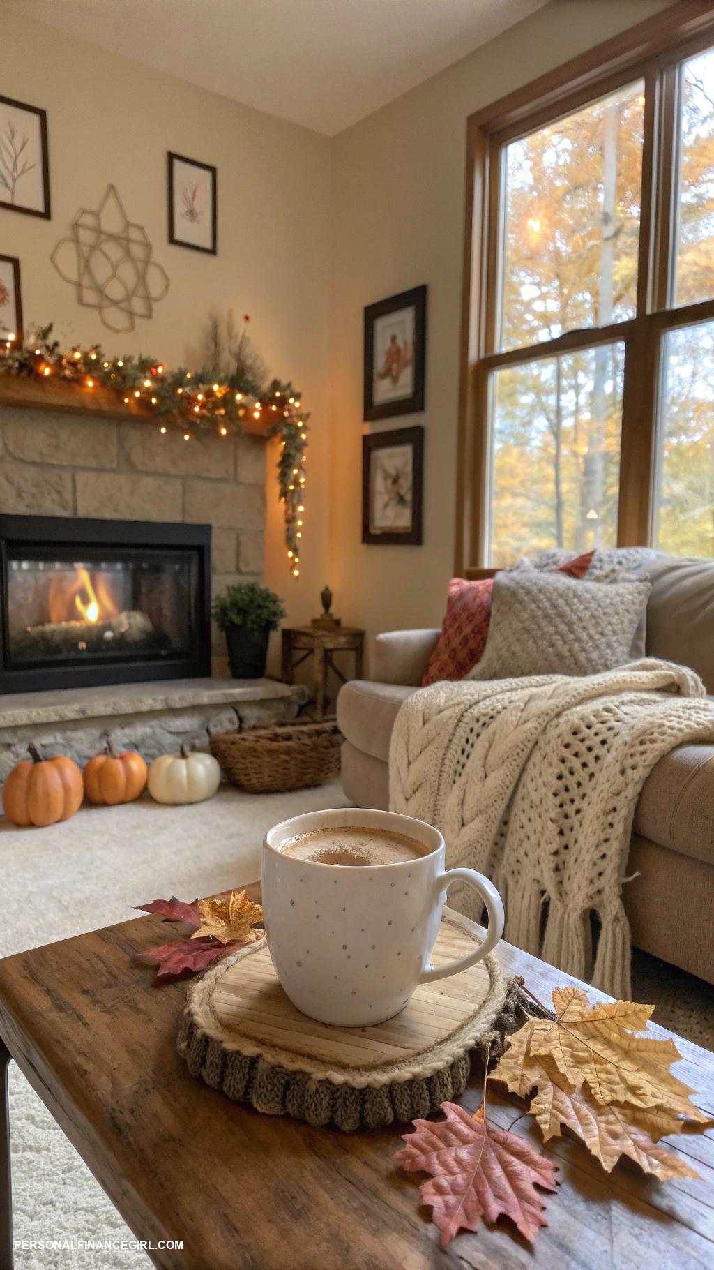 cheap fall family photo ideas Hot cocoa by the fireplace
