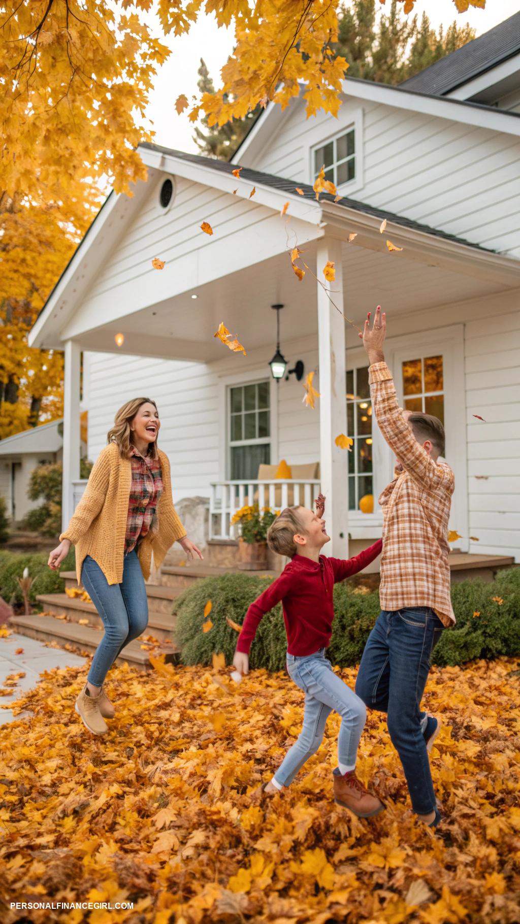 cheap fall family photo ideas Leaf pile jumping photos