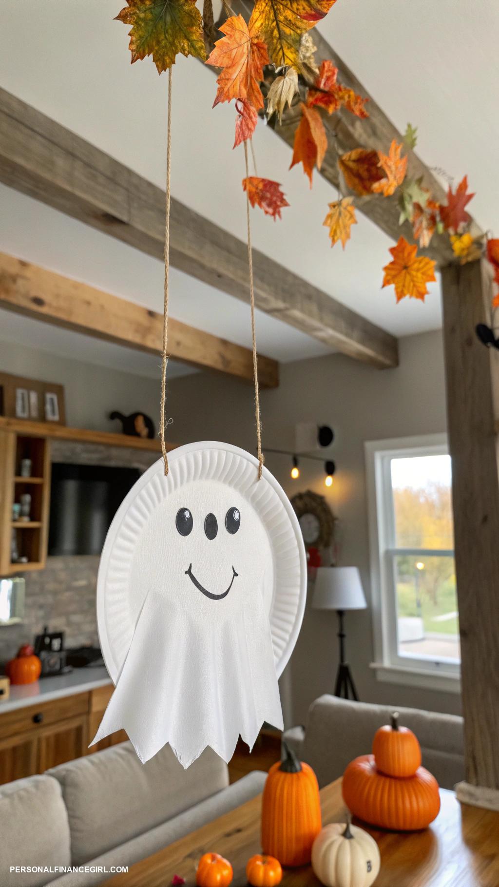 cheap halloween crafts for kids Paper plate ghosts with string hanging