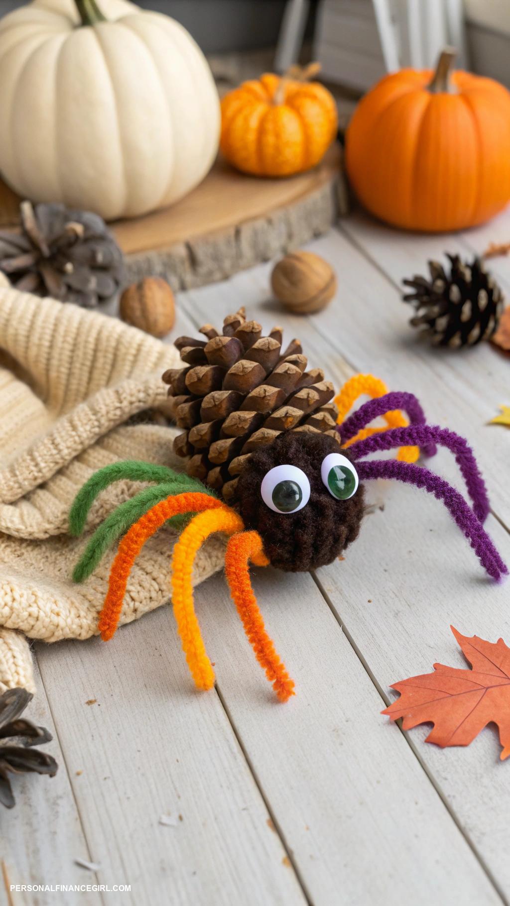 cheap halloween crafts for kids Pine cone spiders with pipe cleaner legs