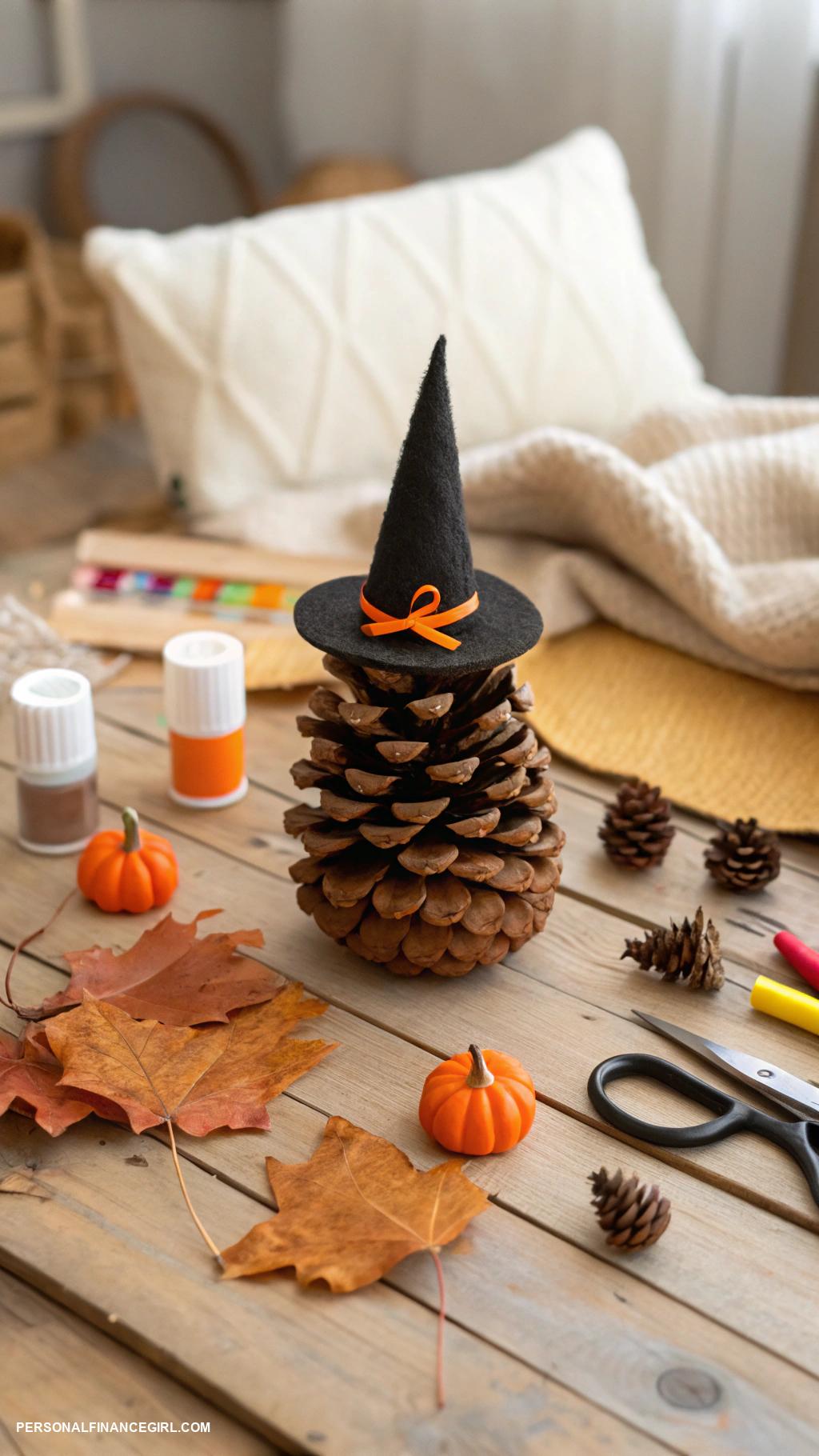 cheap halloween crafts for kids Pine cone witch hats