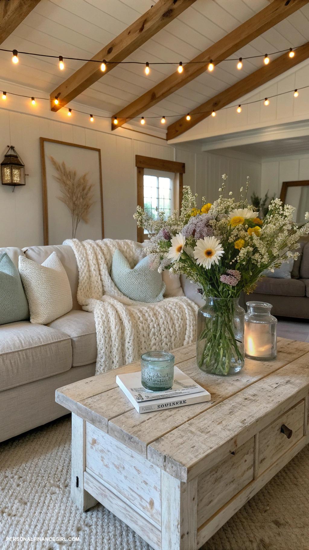 cheap living room ideas Hang fairy lights for soft lighting