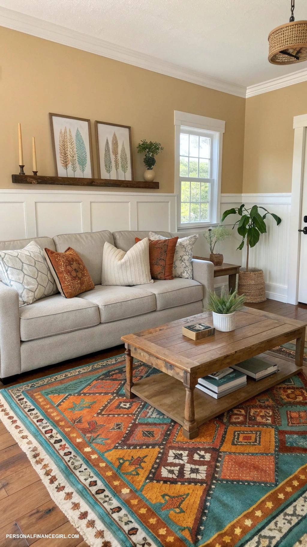 cheap living room ideas Incorporate a colorful rug for contrast