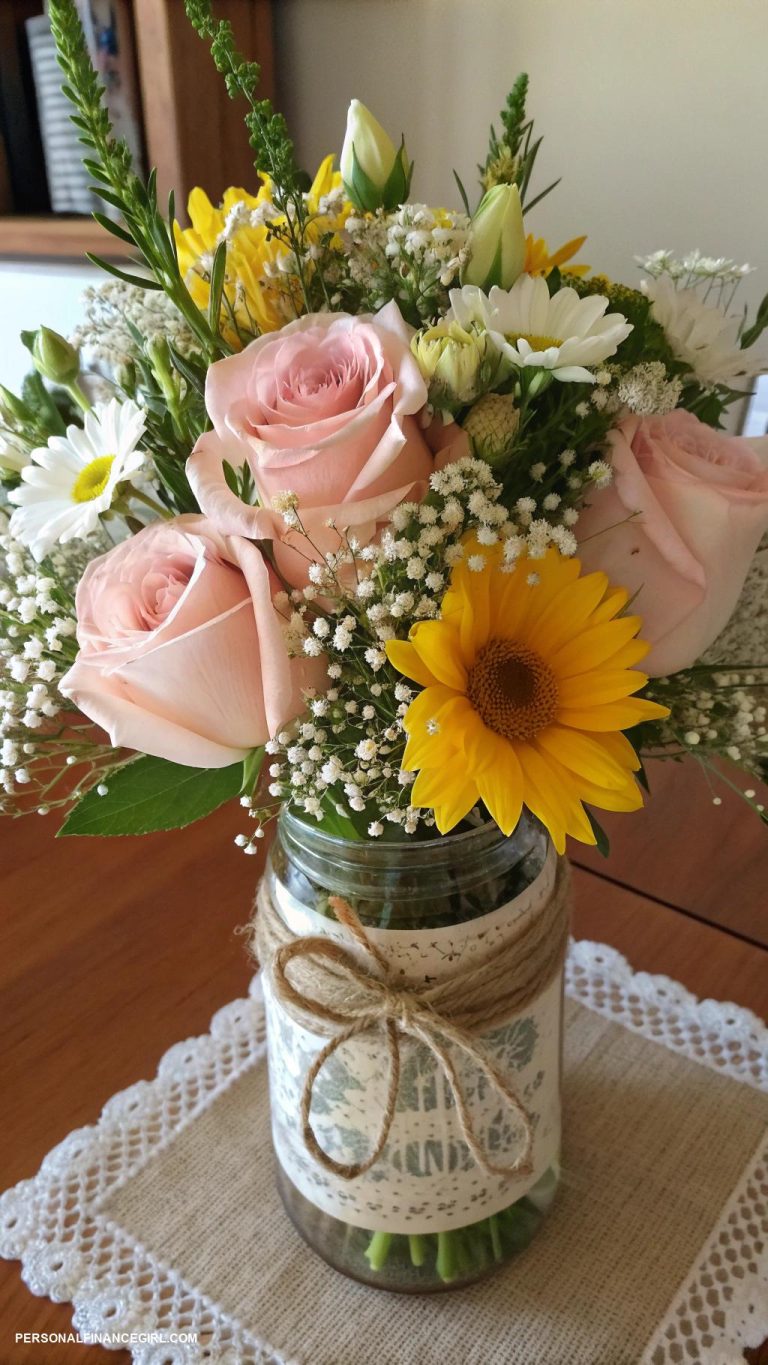 cheap wedding centerpieces Mason jar filled with seasonal flowers