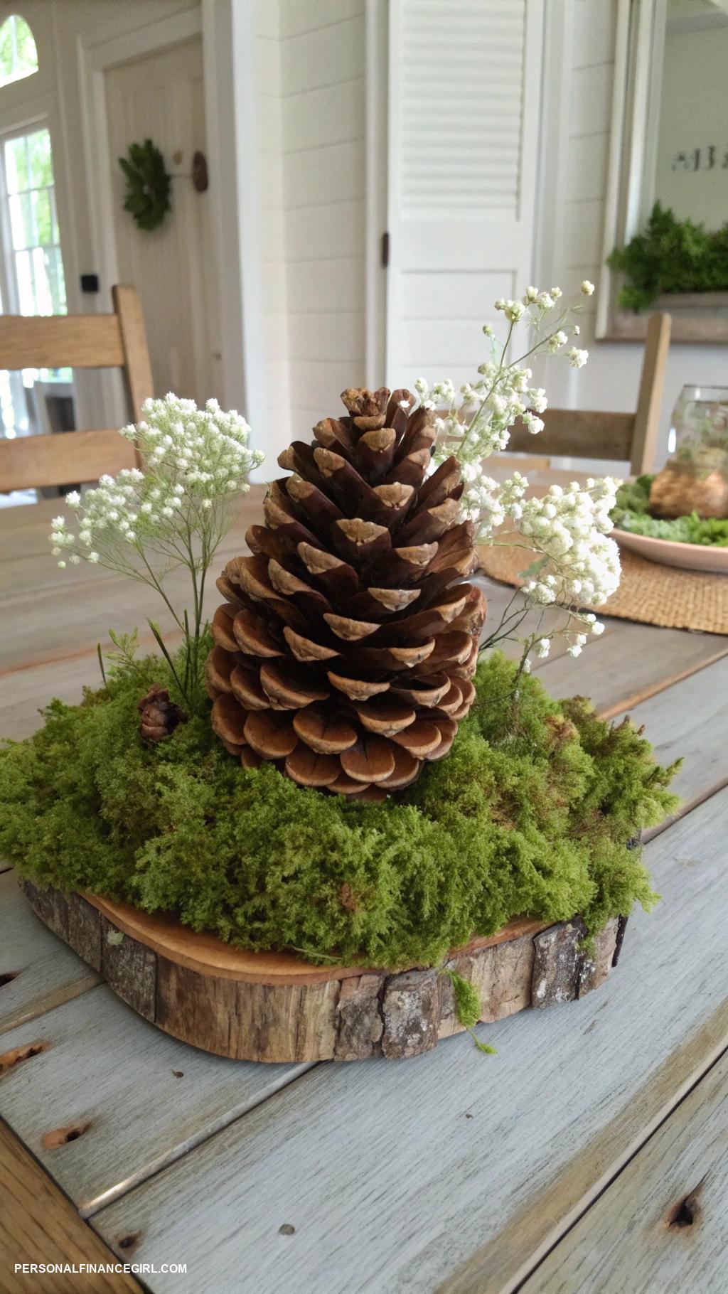 cheap wedding centerpieces Pinecone and moss arrangement