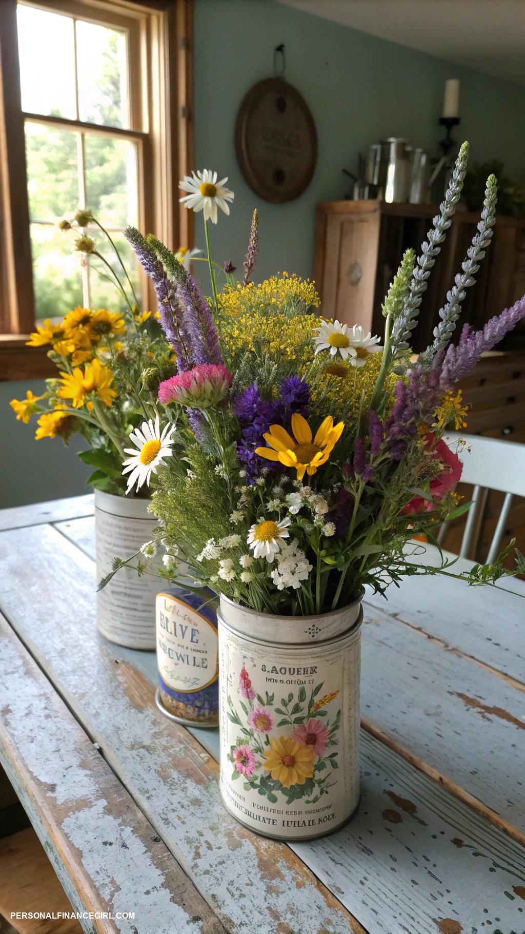 cheap wedding centerpieces Wildflower bouquet in tin cans