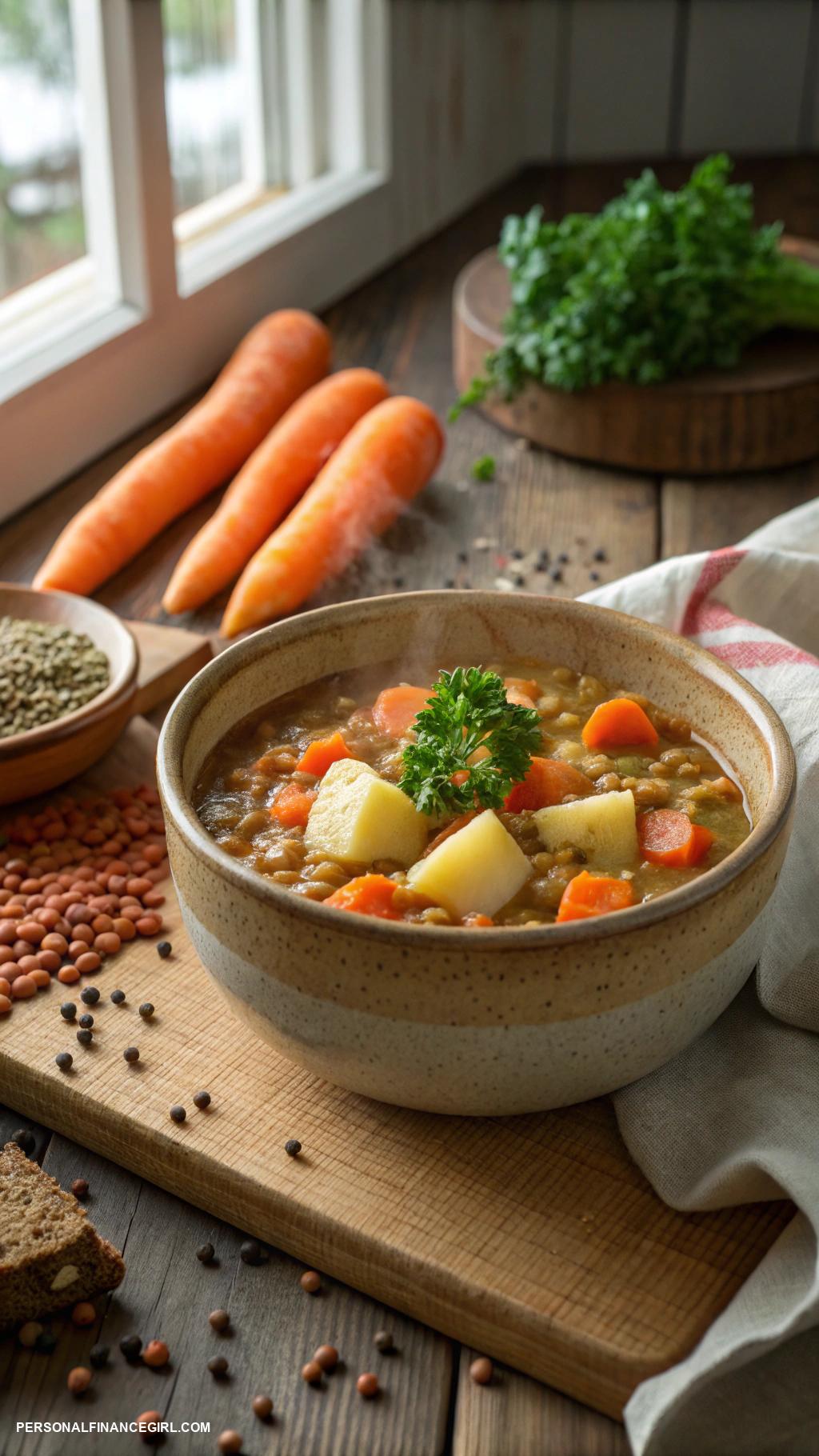 cheap meals on a budget Lentil stew with carrots and potatoes
