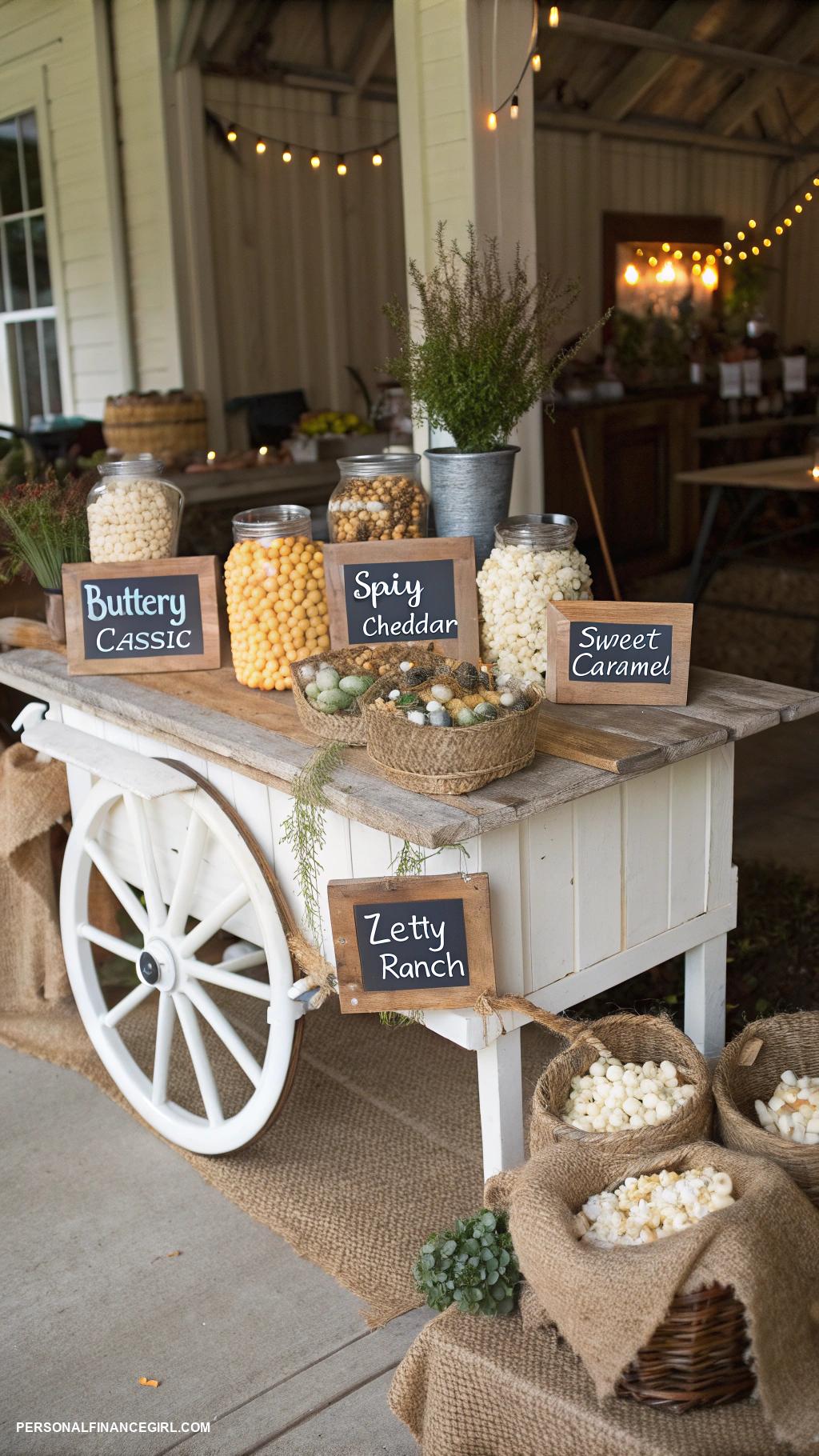 cheap wedding food ideas Popcorn station with different flavors