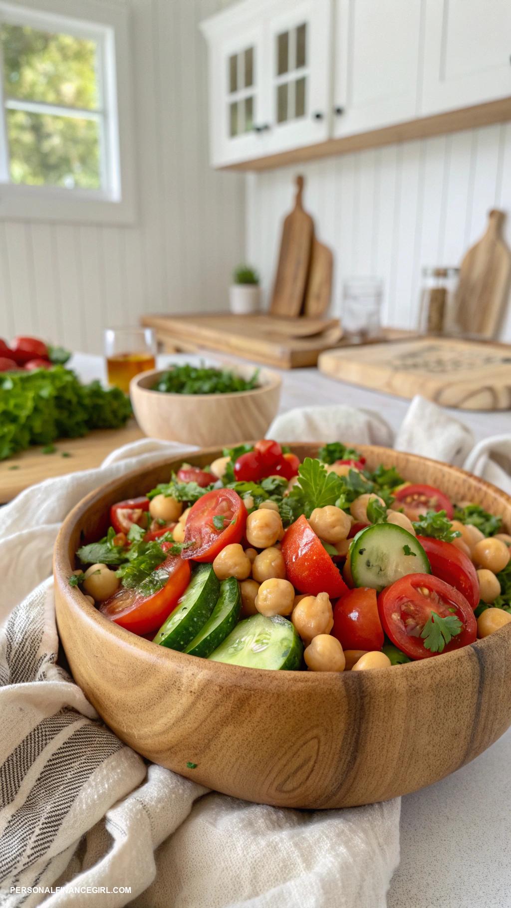 dirt cheap meals Chickpea salad with tomatoes and cucumber