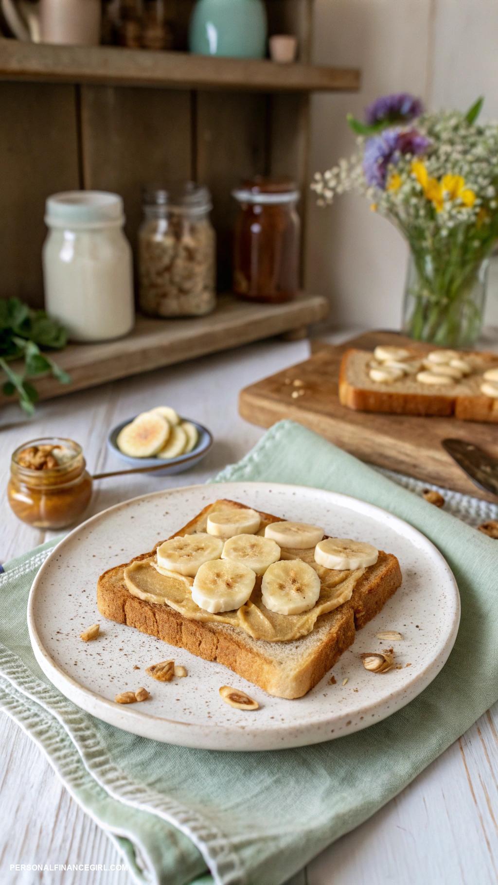 dirt cheap meals Peanut butter toast with banana slices